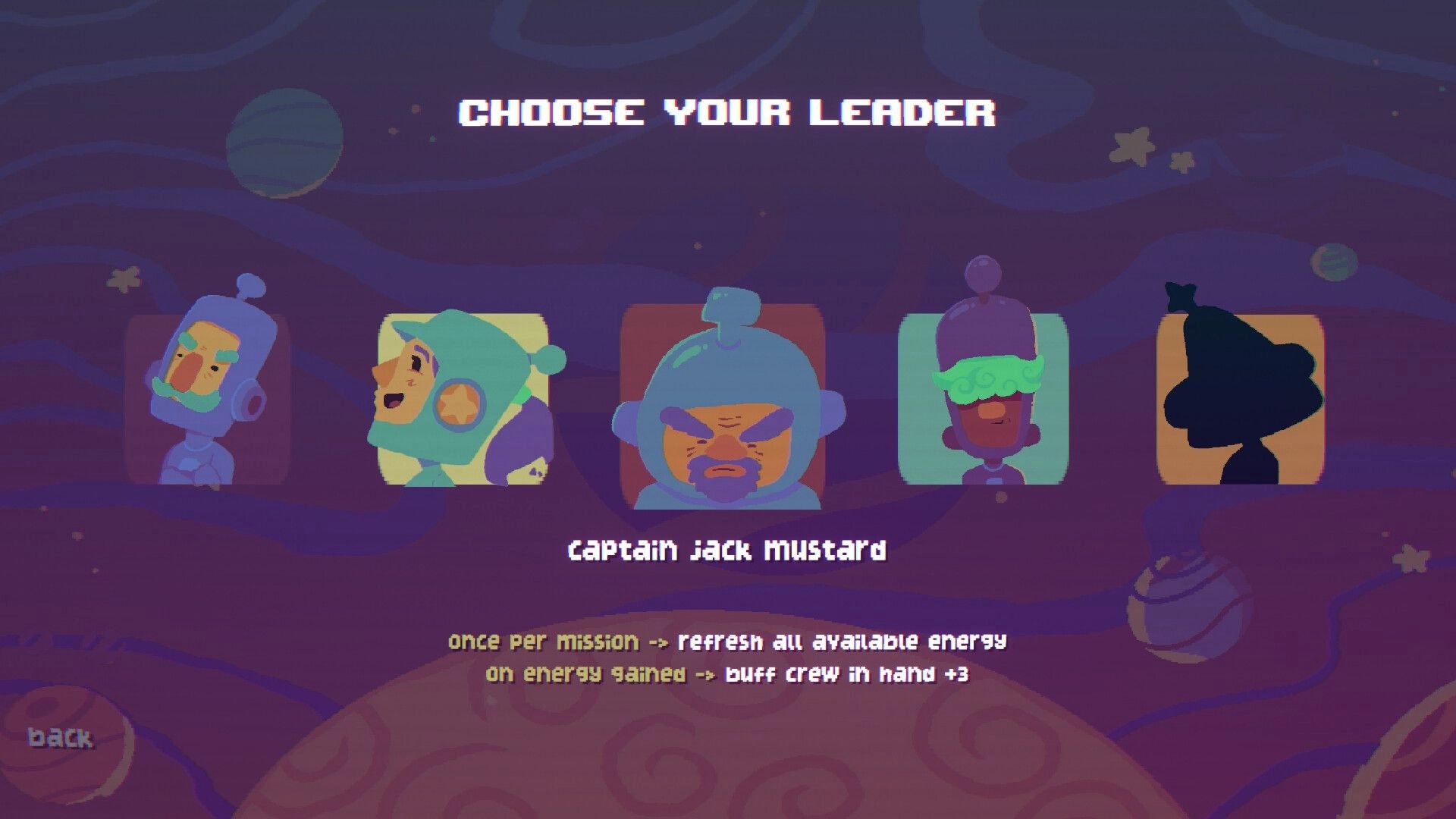 Negative Space: Character selection screen with five leaders, Captain Jack Mustard highlighted