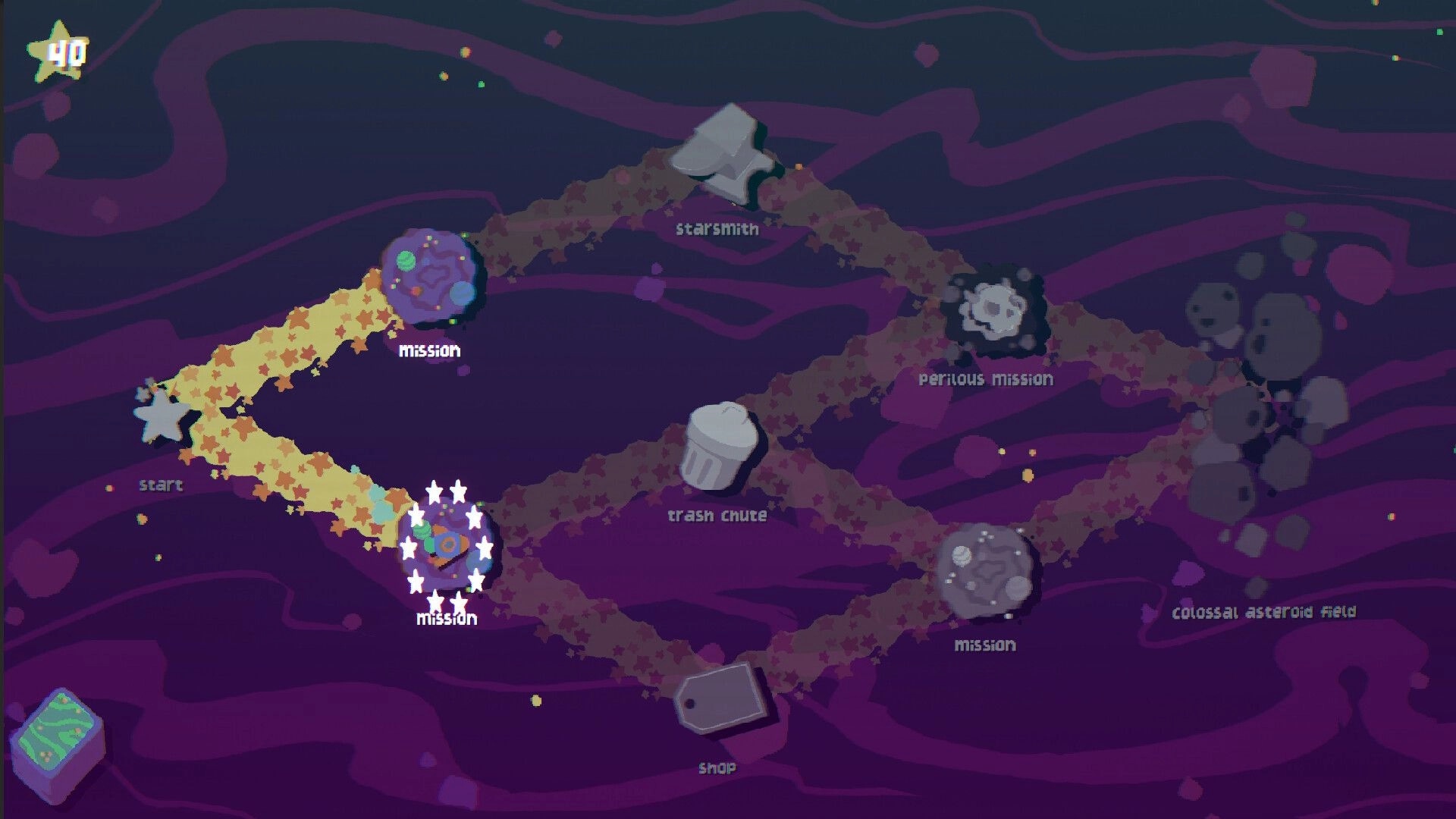 Negative Space: Galactic map with mission nodes, start point, and paths to starsmith, trash chute, shop.