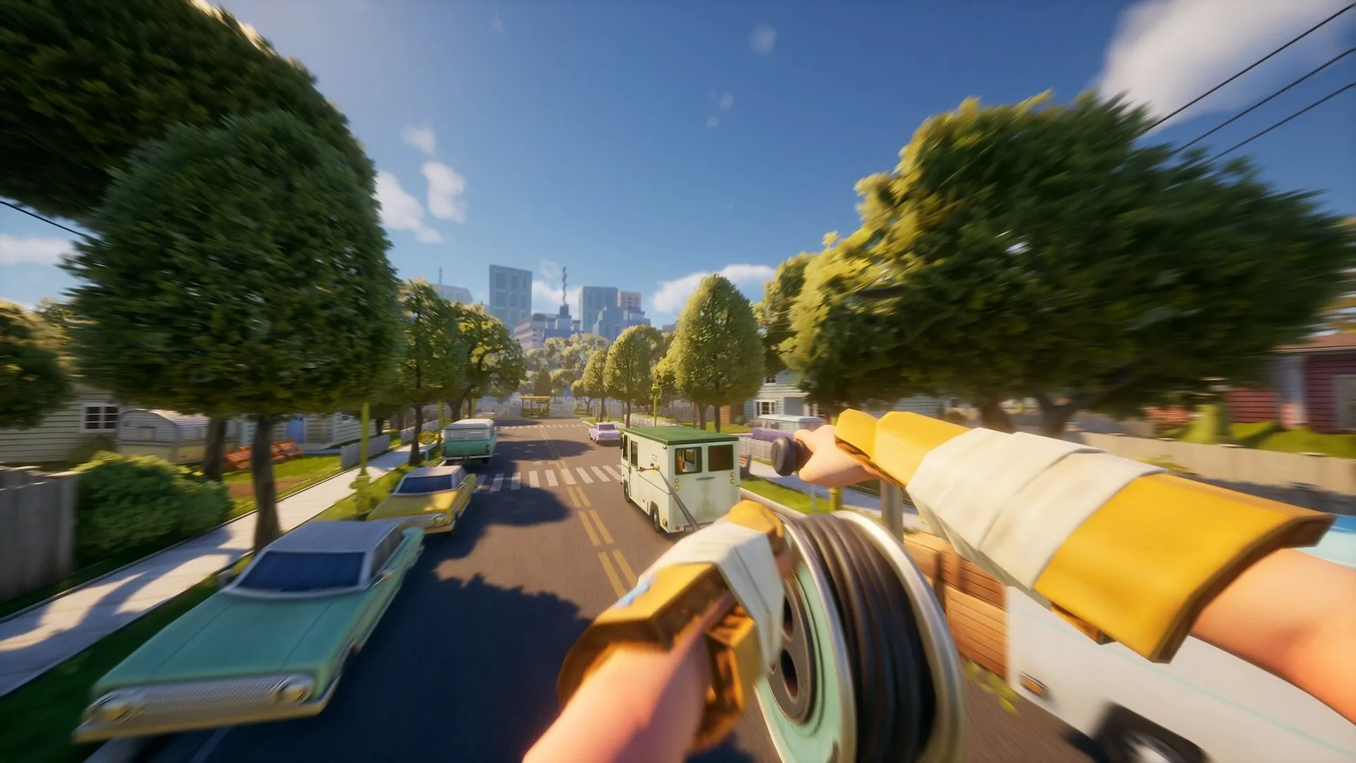 Neighbors: Player ziplining over suburban street with parked cars and trees, heading towards city skyline