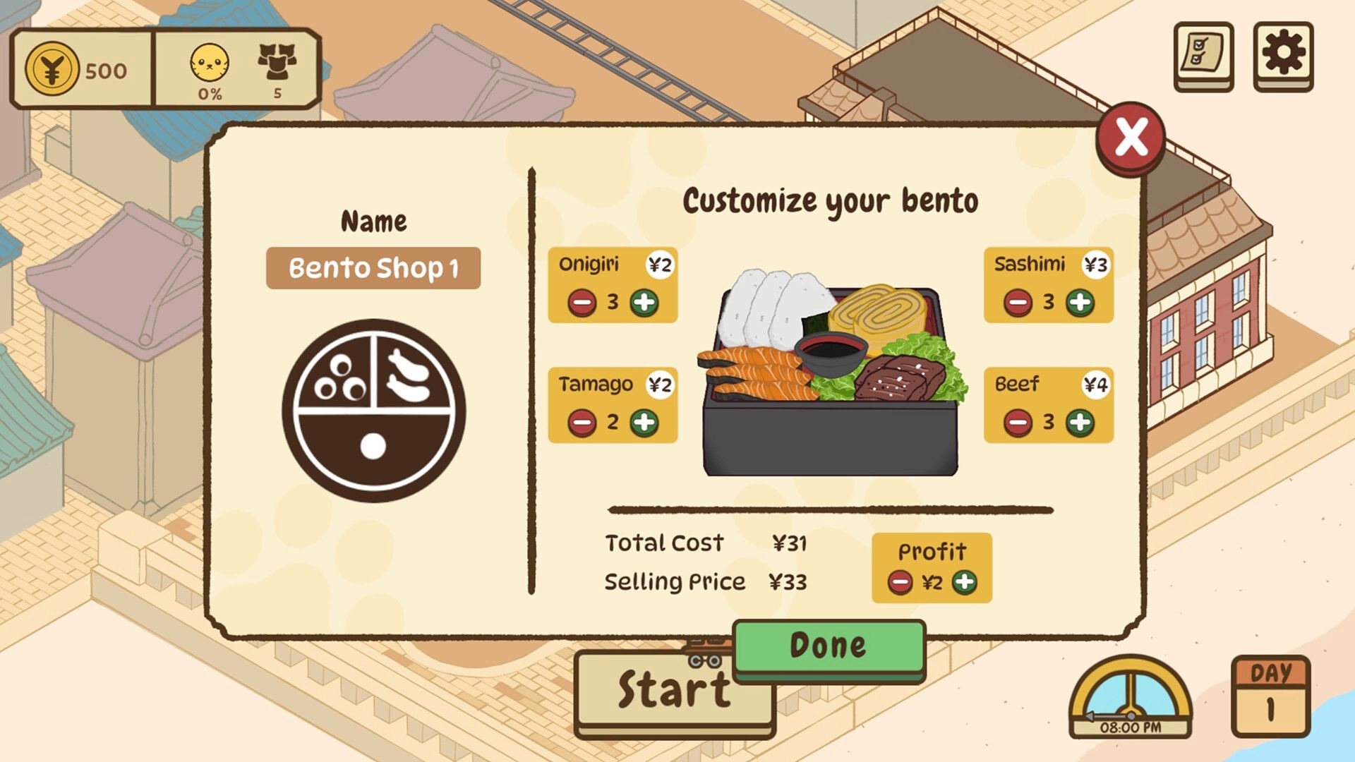 Neko Michi: Bento Shop 1 customization menu with ingredient options in a Meiji-era street setting.