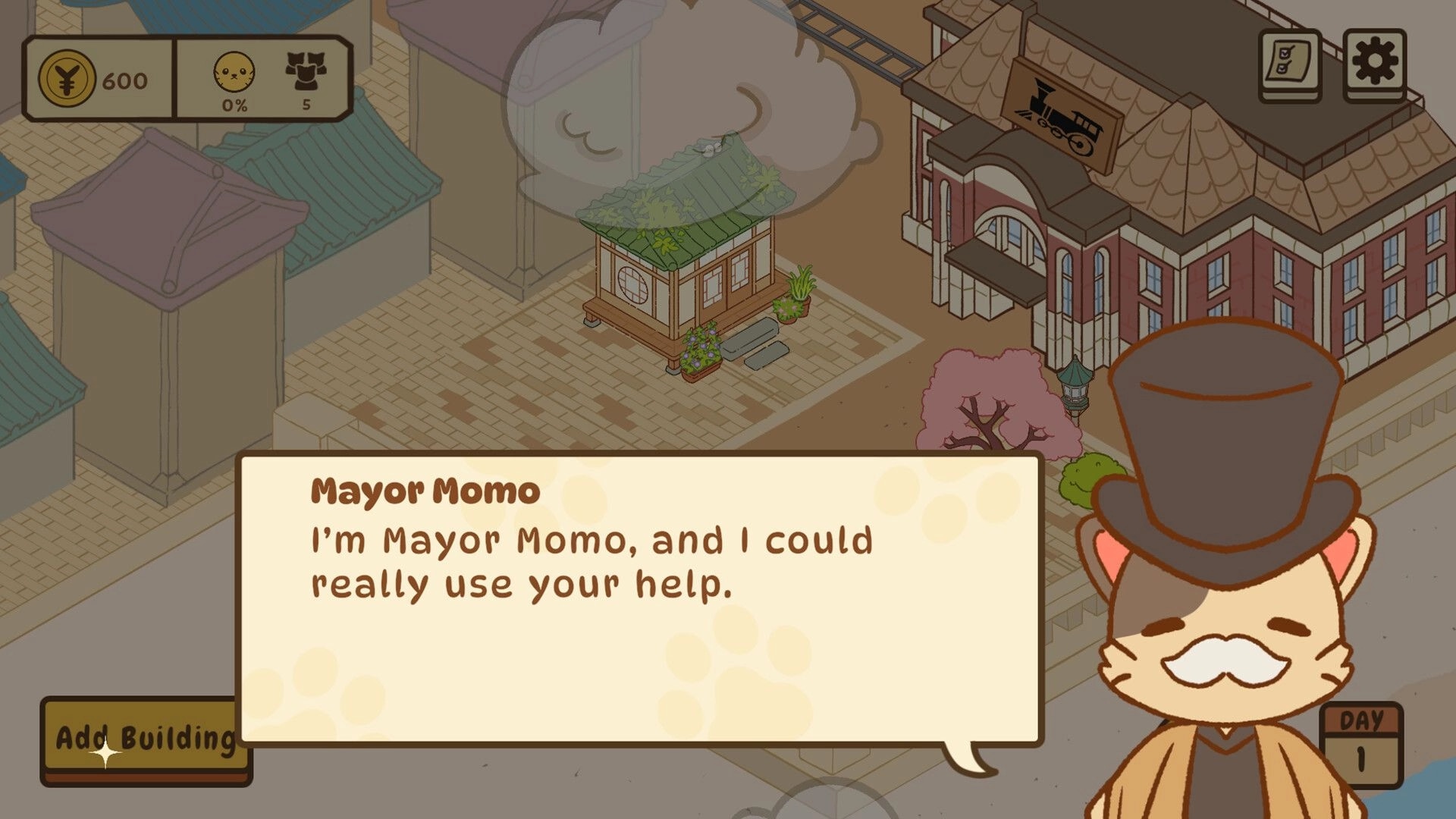 Neko Michi: Mayor Momo requests help in a Meiji-era street scene with buildings and UI elements visible.