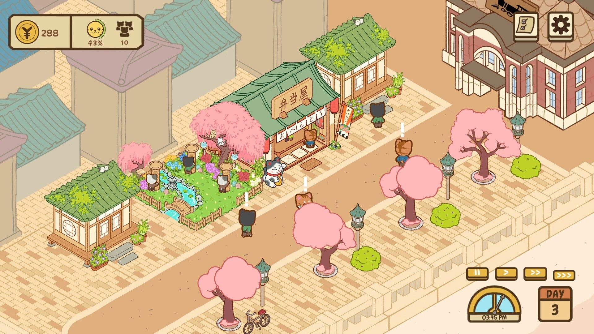 Neko Michi: Cats wander a charming Meiji-era street with cherry blossoms and quaint shops visible.