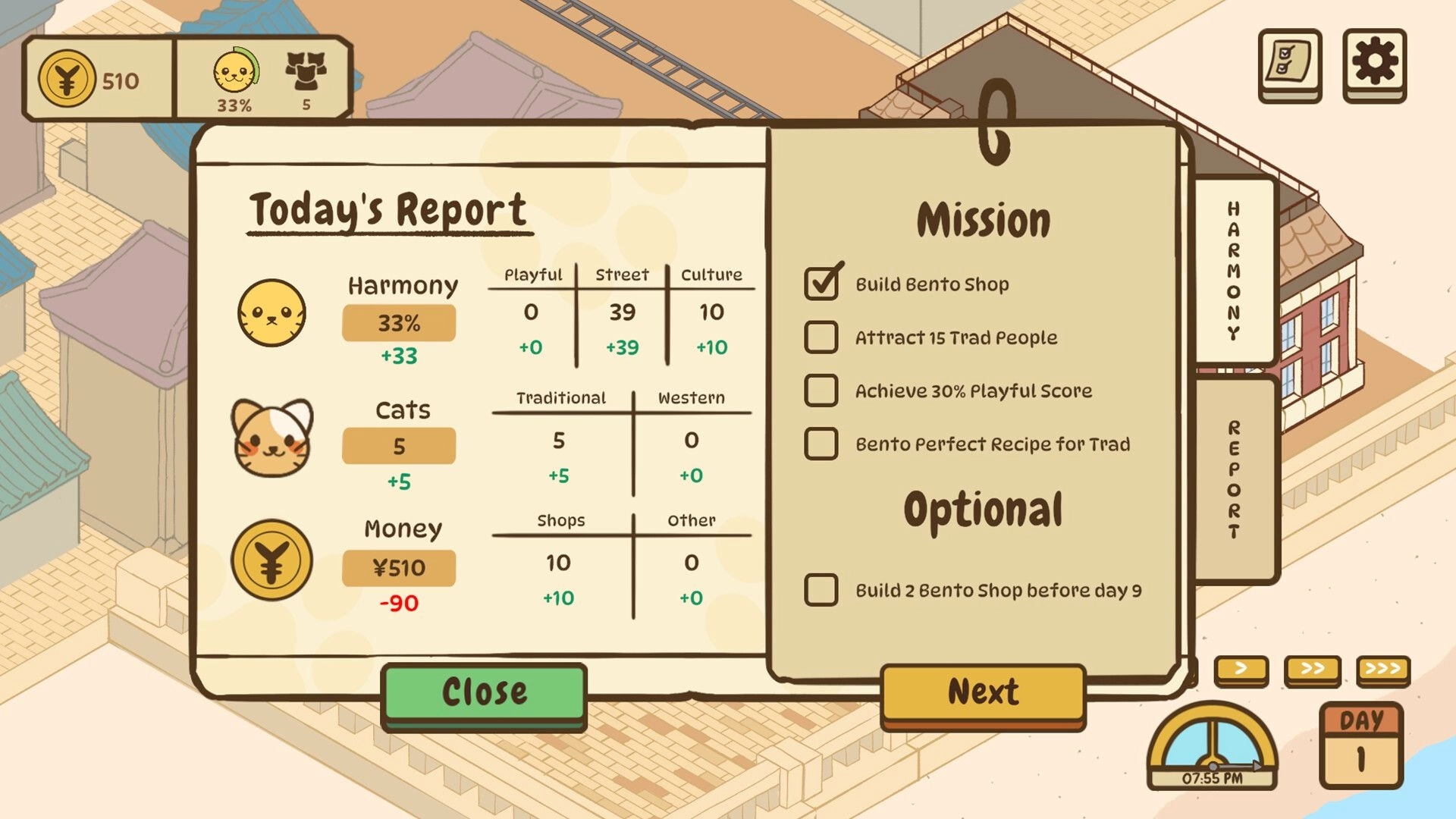 Neko Michi: Daily report with mission checklist and harmony stats in a Meiji-era cat street setting.
