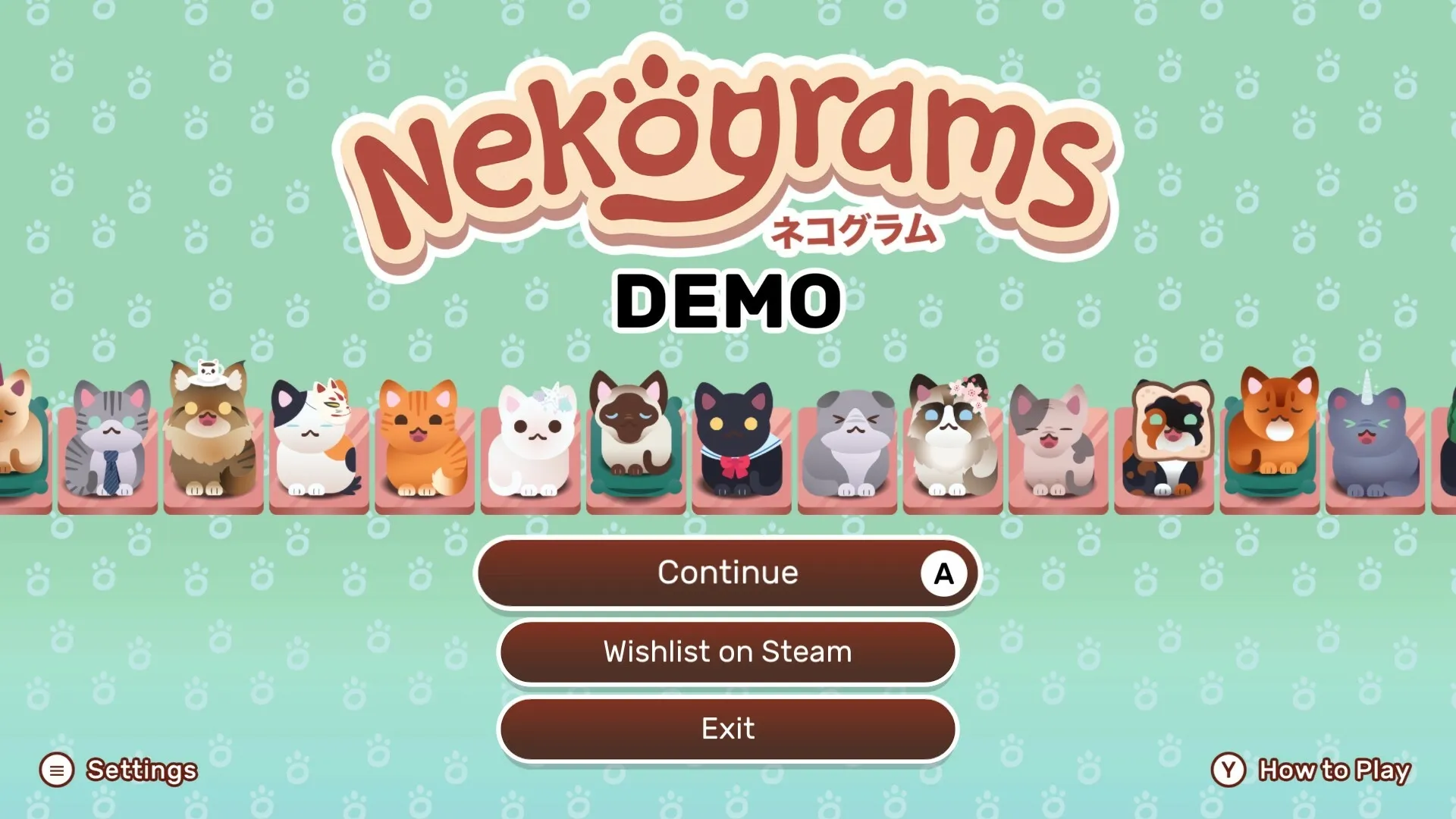 Nekograms: Main menu with 12 cute cats on cushions, options for Continue, Wishlist on Steam, and Exit
