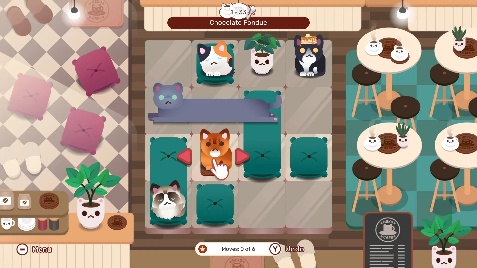 Nekograms: Cats on cushions puzzle in cozy cafe setting, menu and undo options visible