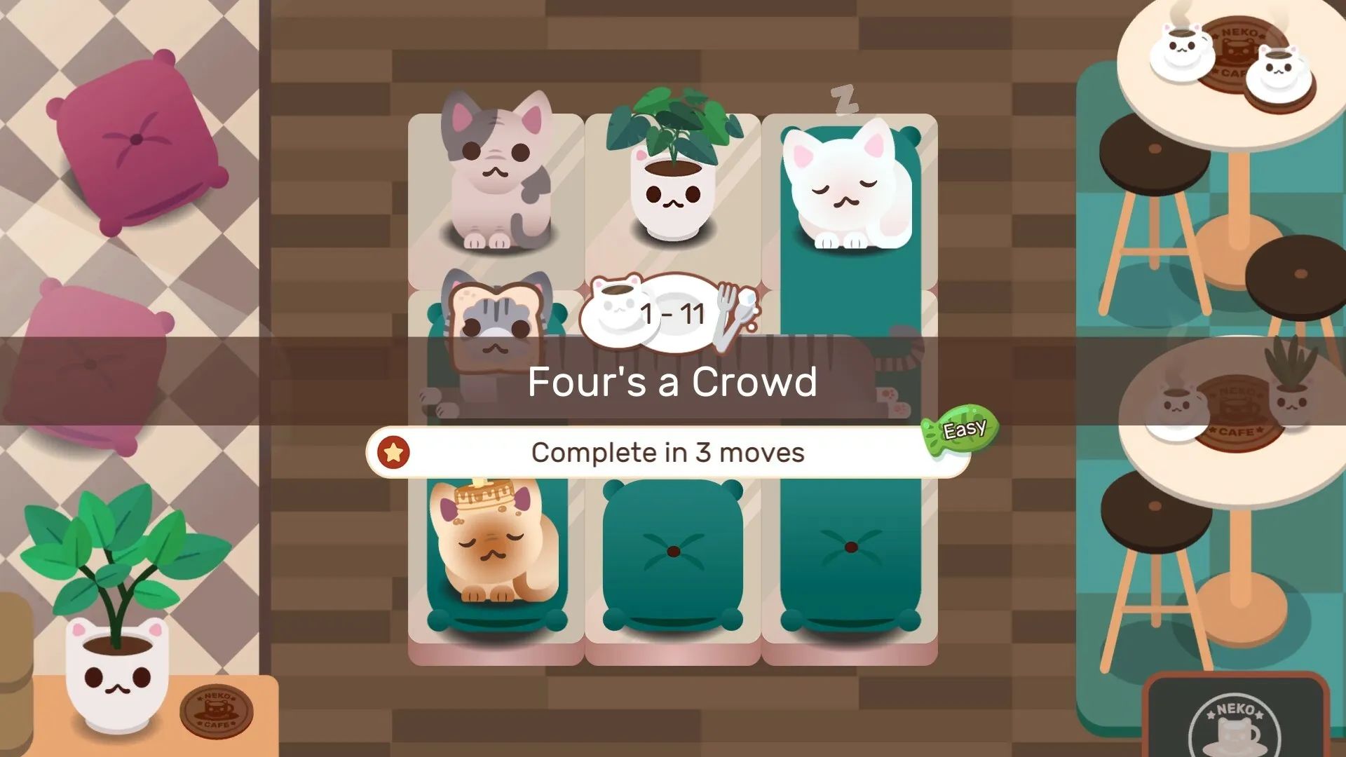 Nekograms: Cats and cushions puzzle with level name "Four's a Crowd" and goal to complete in 3 moves.