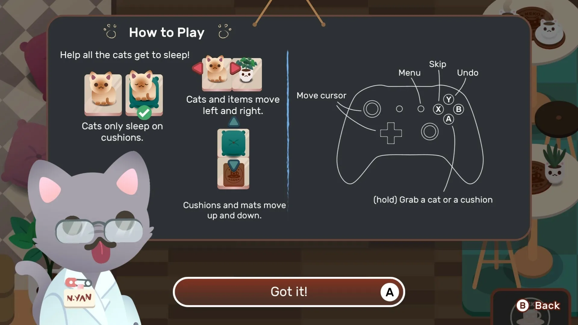 Nekograms: Tutorial screen showing cat movement instructions and controller layout in cozy cafe setting.