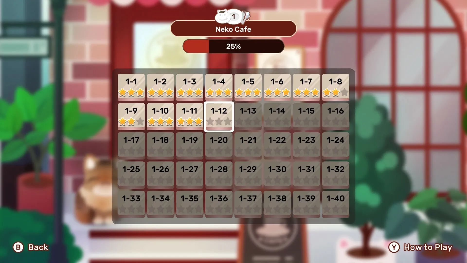 Nekograms: Level selection menu in Neko Cafe with star ratings in cozy, blurred background setting.