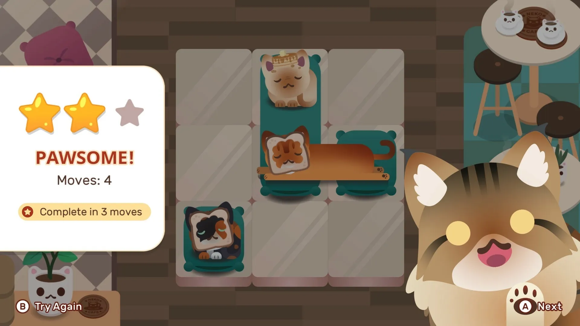 Nekograms: Three cats sleeping on cushions with a "Pawsome!" rating and next level option in cafe setting.