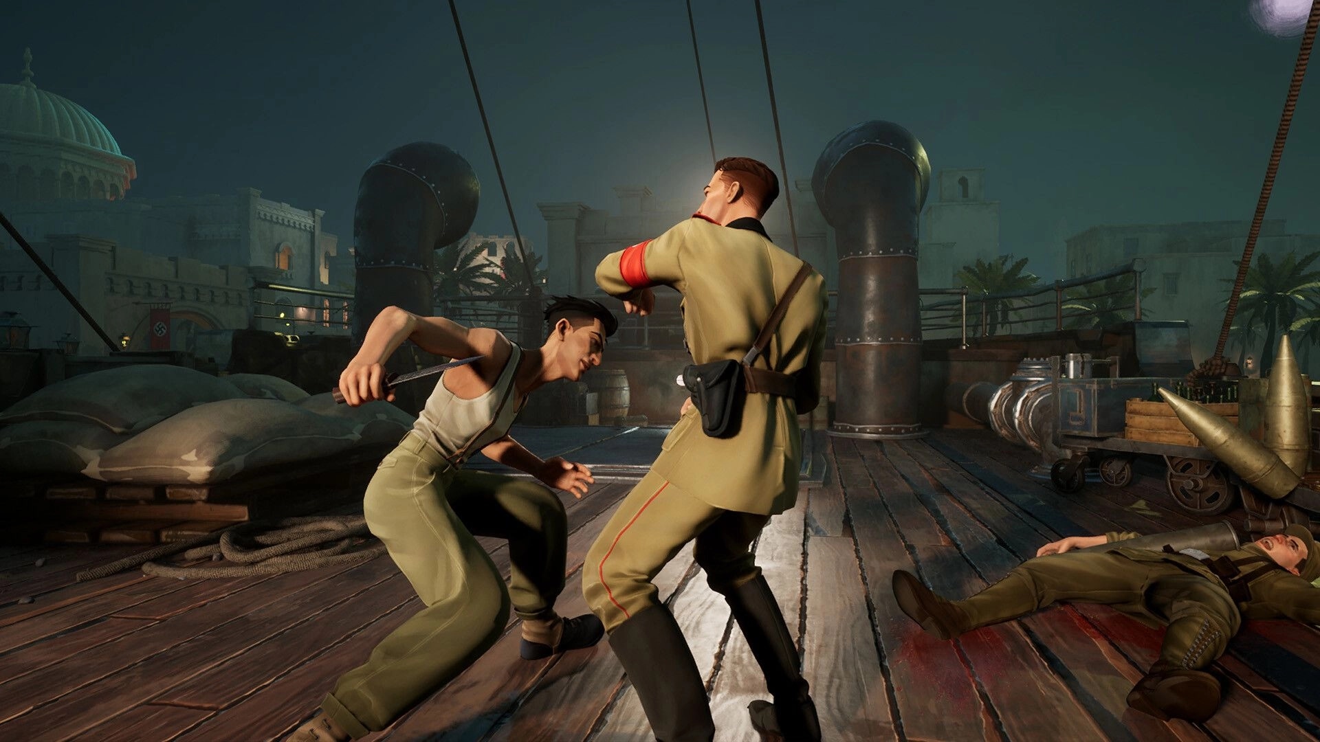 Nekome: Knife-wielding fighter attacks a uniformed soldier on a ship deck with crates and pipes at night.