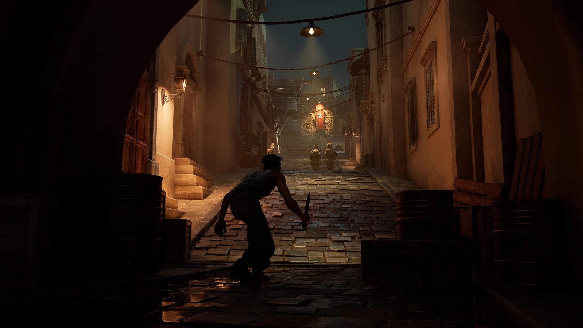 Nekome: Crouched assassin with knife stalking two soldiers in a lamplit cobblestone alley at night.