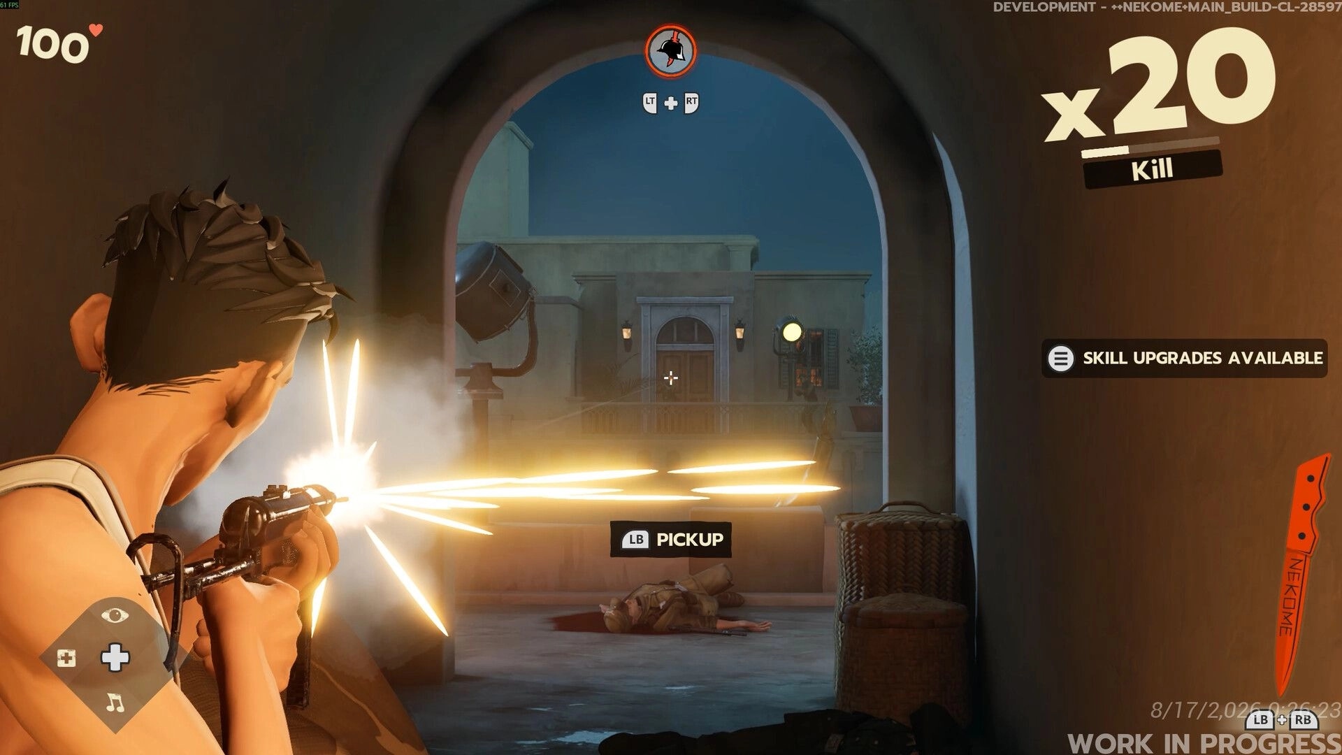 Nekome: Player firing a machine gun through an archway at night, x20 kill streak UI visible.