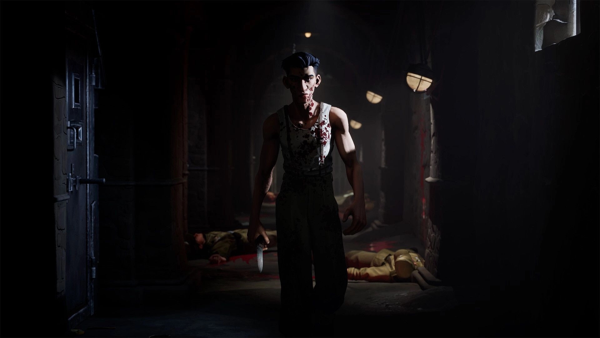 Nekome: Bloodstained man grips a knife in a dim corridor with dead soldiers and hanging lamps.