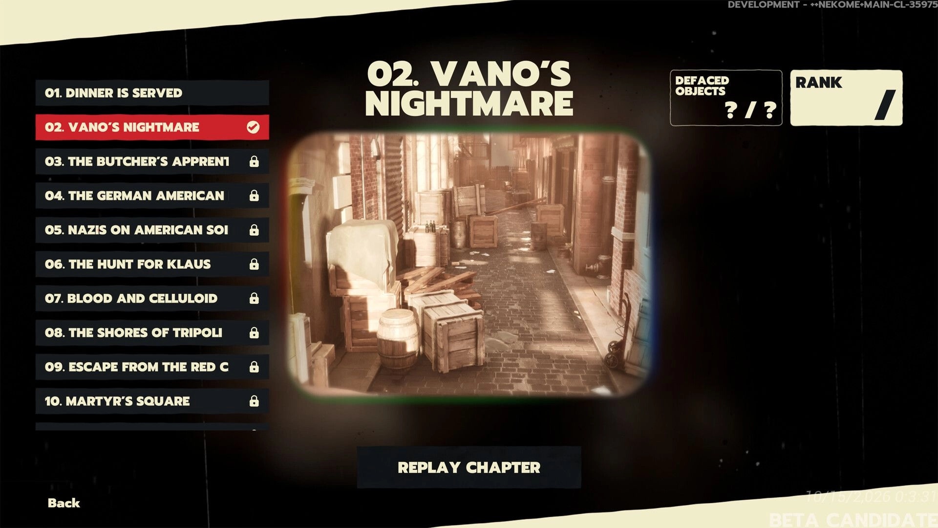 Nekome: Chapter select highlights Vano's Nightmare with alley preview, rank and defaced objects UI.
