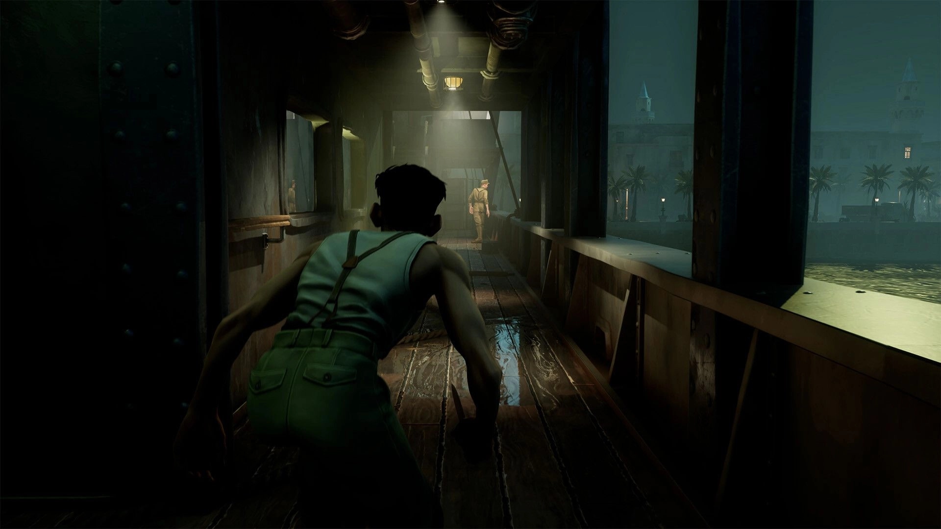 Nekome: Crouched stealth approach toward a guard on a dim ship corridor with wet wooden deckboards.