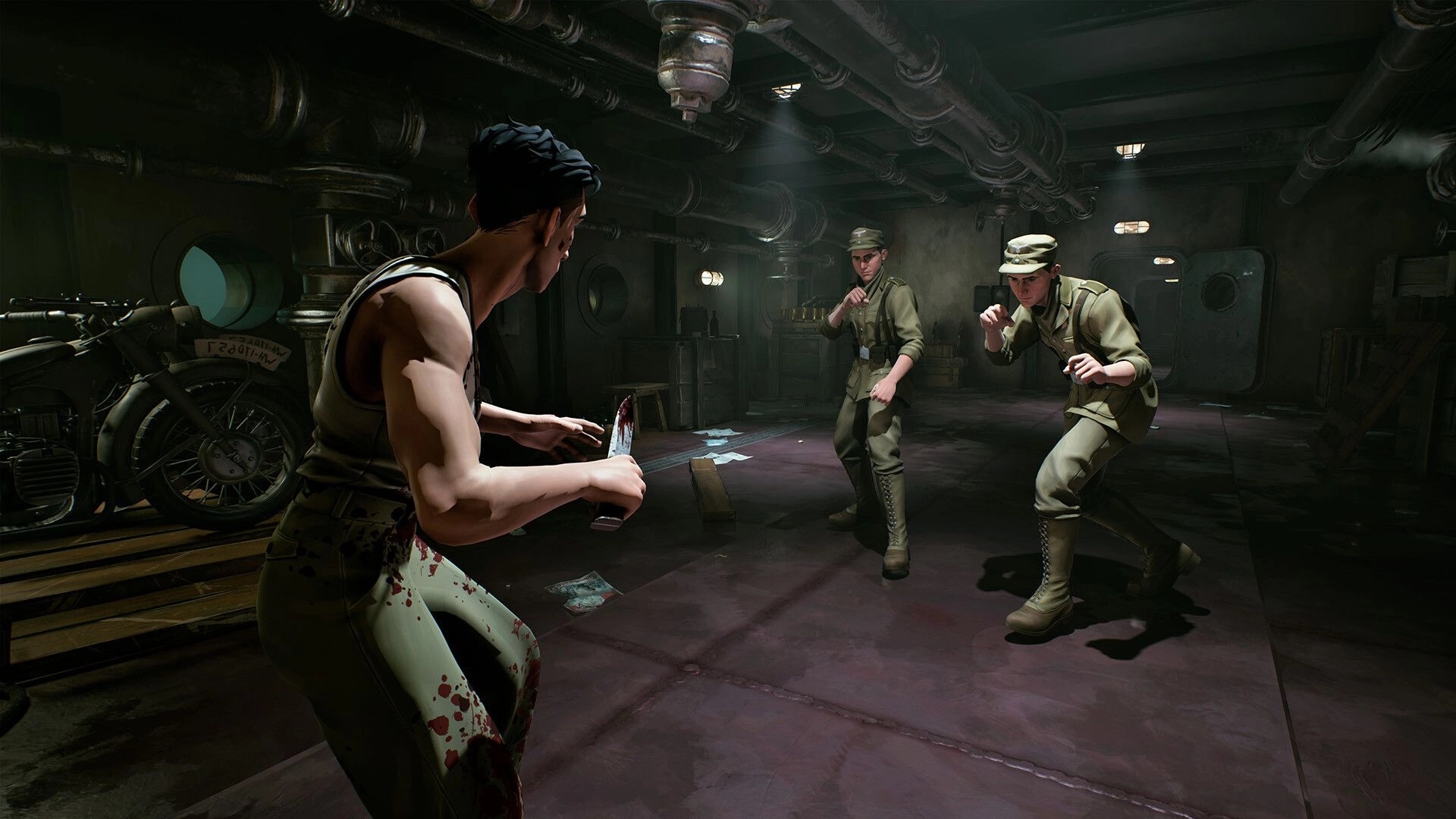 Nekome: Player with bloody knife faces two soldiers in a dim ship corridor with pipes overhead.