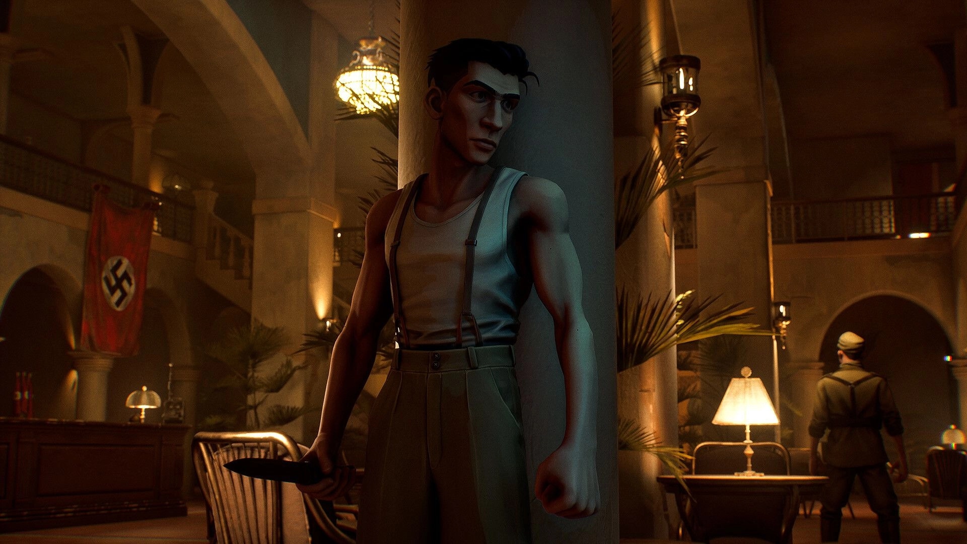 Nekome: Knife-wielding man hides behind pillar in grand lobby with Nazi banner and guard nearby.