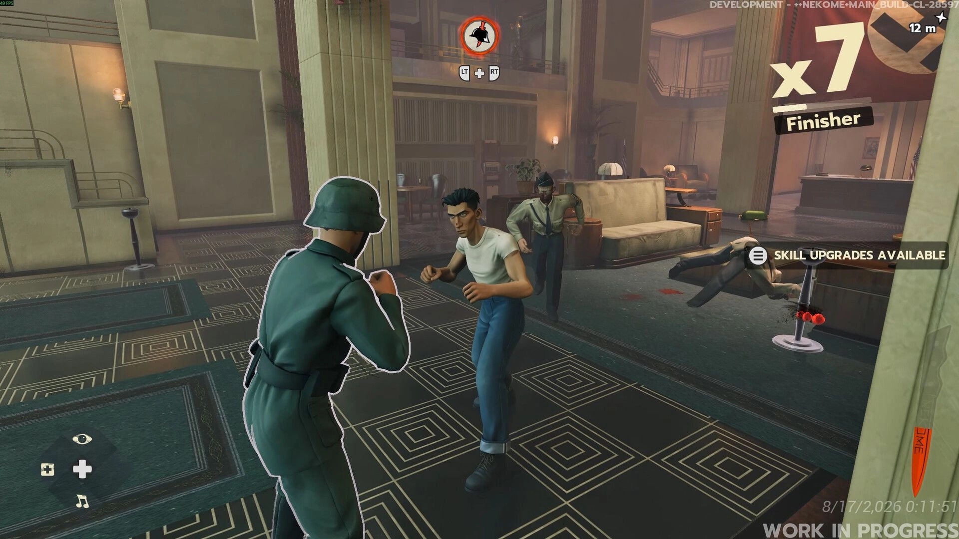Nekome: Fistfight with a helmeted soldier in a lobby, x7 Finisher prompt and skill upgrade UI.