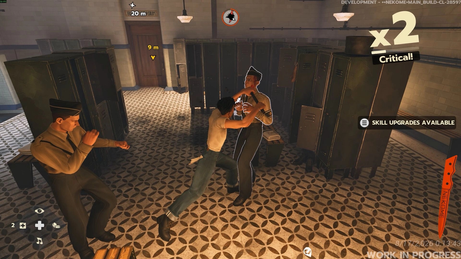 Nekome: Player grapples a soldier as x2 Critical pops up in a tiled locker room with UI prompts.