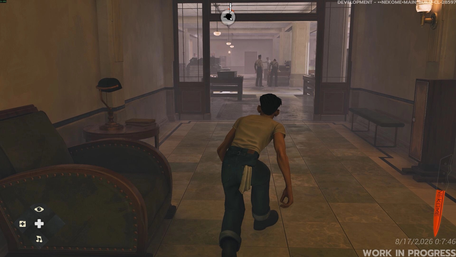 Nekome: Crouched stealth approach toward guards in a lobby corridor, alert icon and HUD visible.