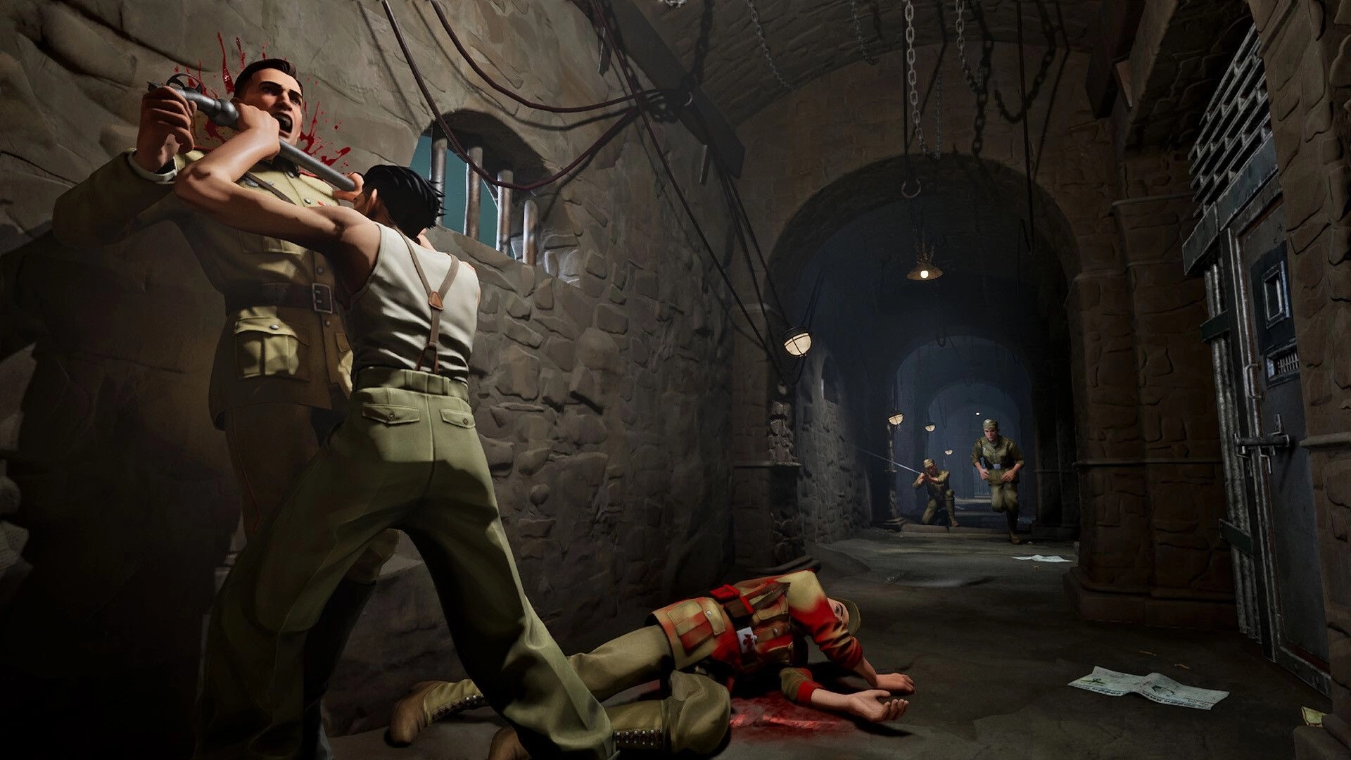 Nekome: Player slashes a soldier in a dim stone tunnel as two enemies rush past a bloody body.