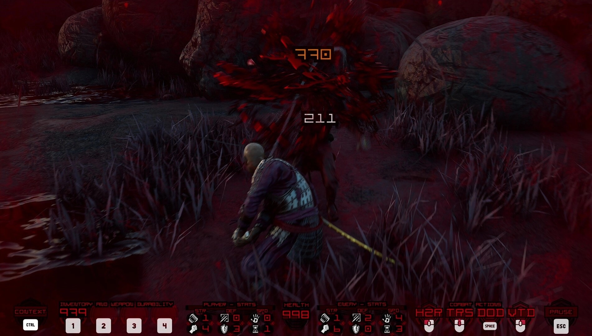 Nekurogahara: Intense combat with Kensei striking enemy in a dark, grassy battlefield environment