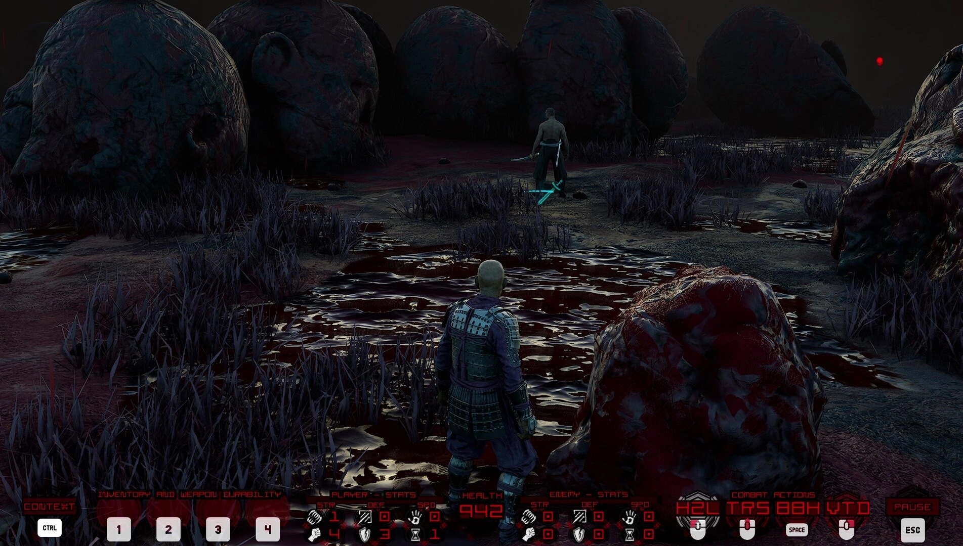 Nekurogahara: Player approaches enemy in eerie landscape with giant heads and detailed UI elements visible.
