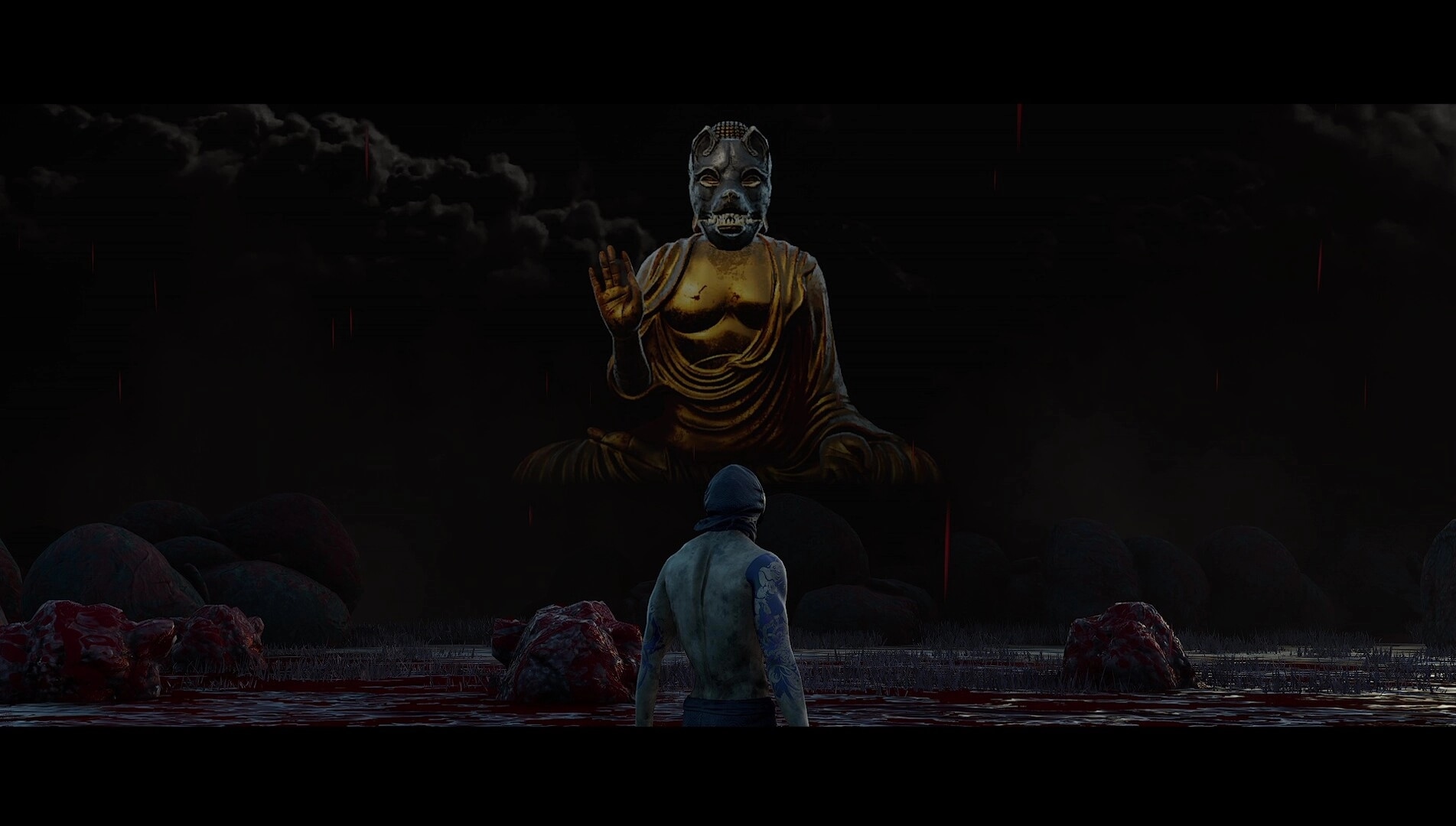 Nekurogahara: Lone warrior faces ominous statue in dark, blood-soaked landscape with stormy skies.