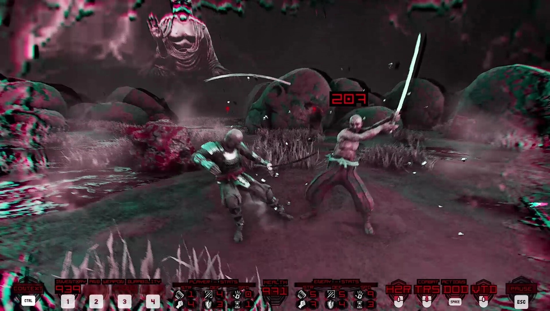 Nekurogahara: Two ronins engage in sword combat with UI displaying health, stats, and combat options.