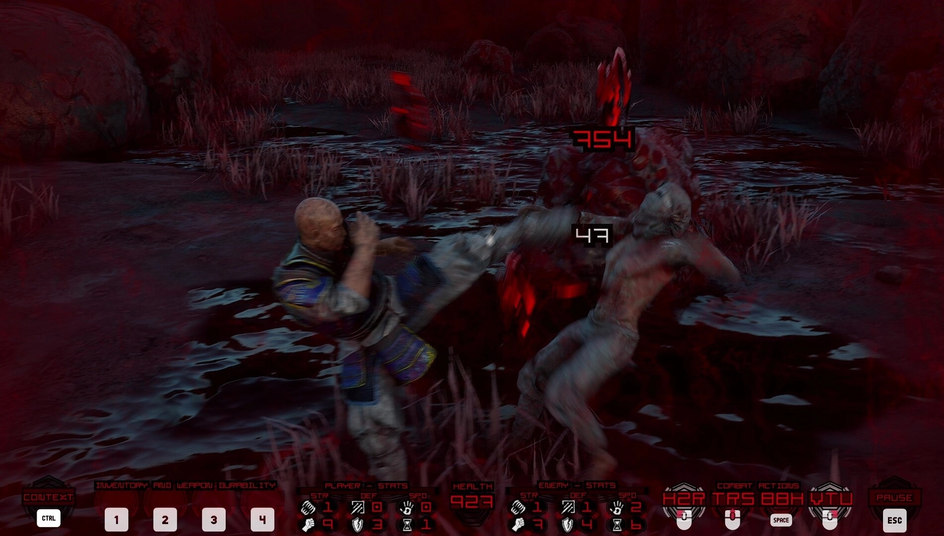Nekurogahara: Player kicks enemy in dark, swampy battlefield, health and combat stats displayed below.
