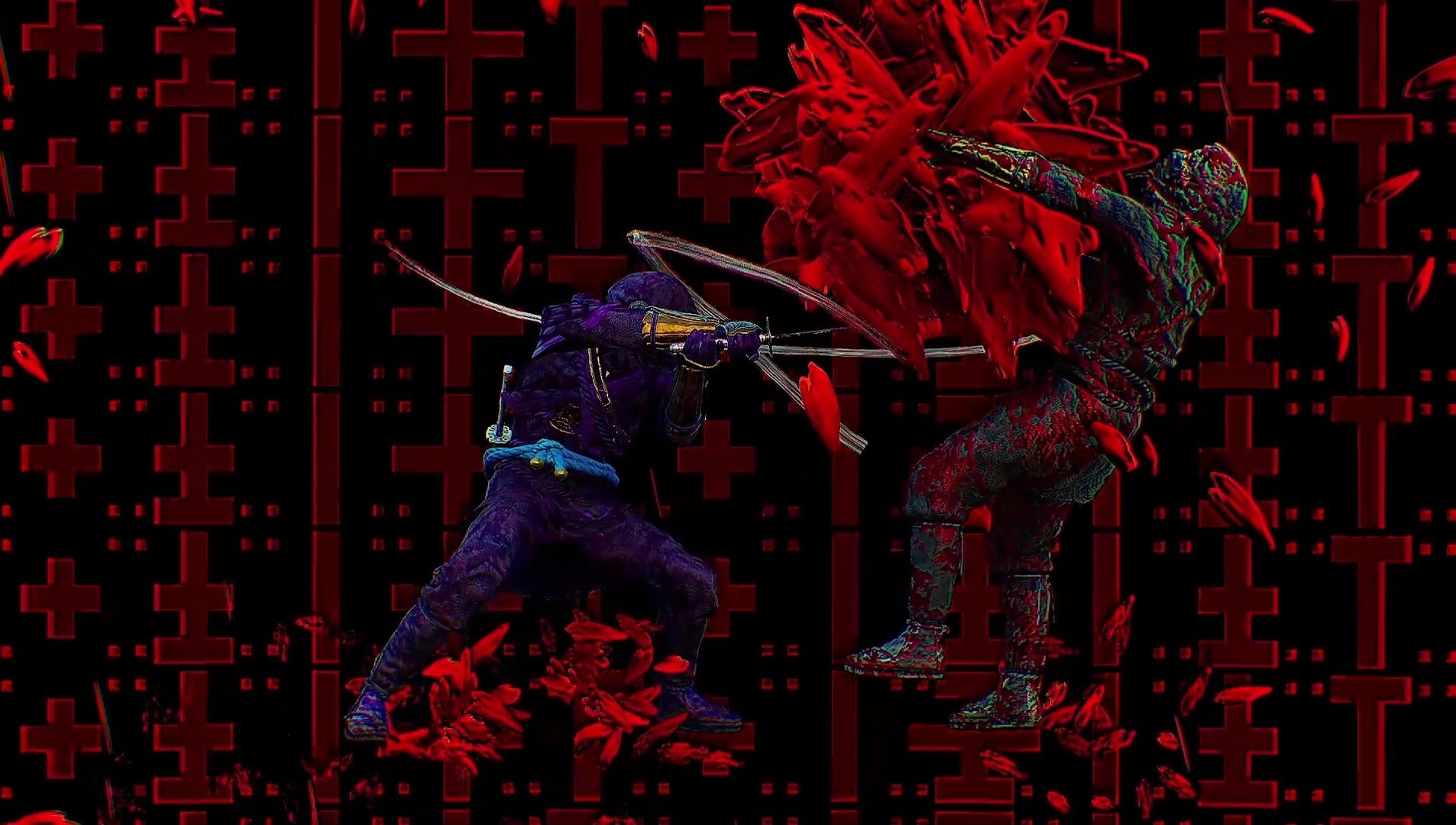 Nekurogahara: Intense sword combat between two ronins, surrounded by red abstract patterns