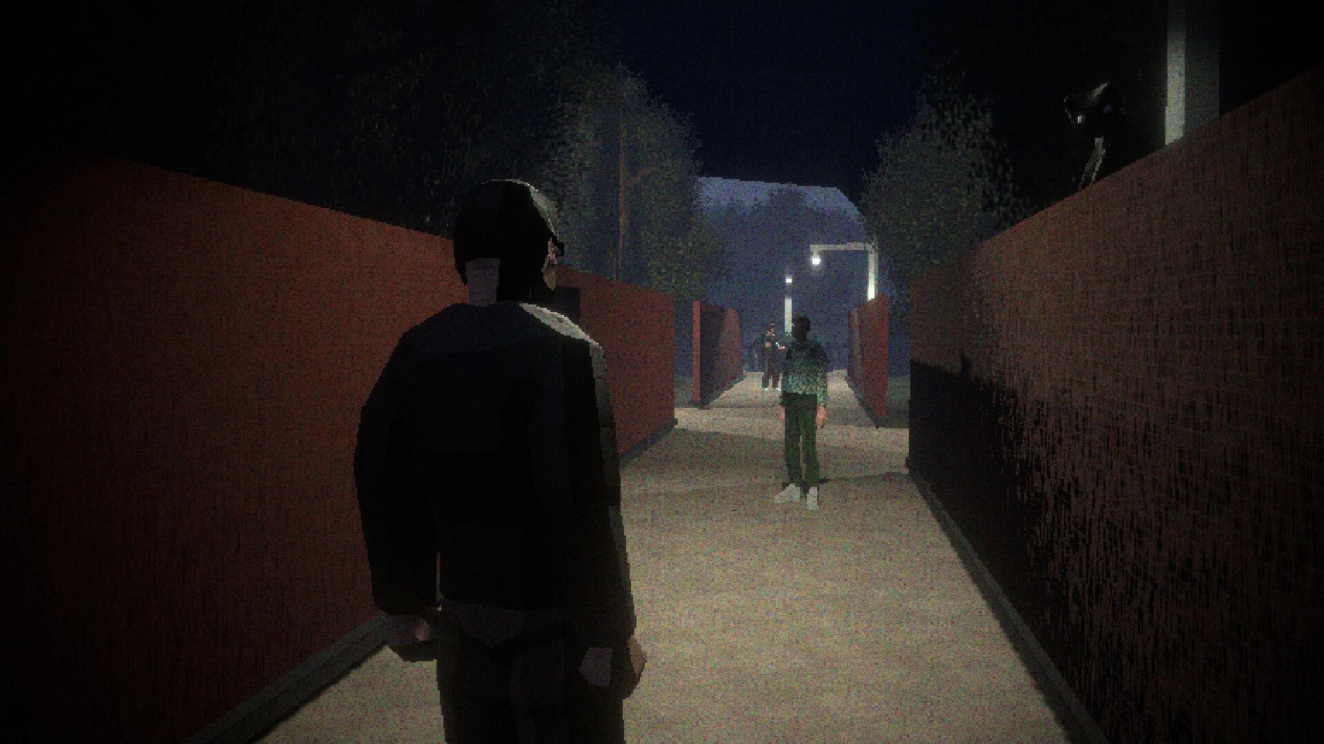 Nemunai: Kaito explores a dimly lit alleyway with eerie shadows and distant streetlights at night.