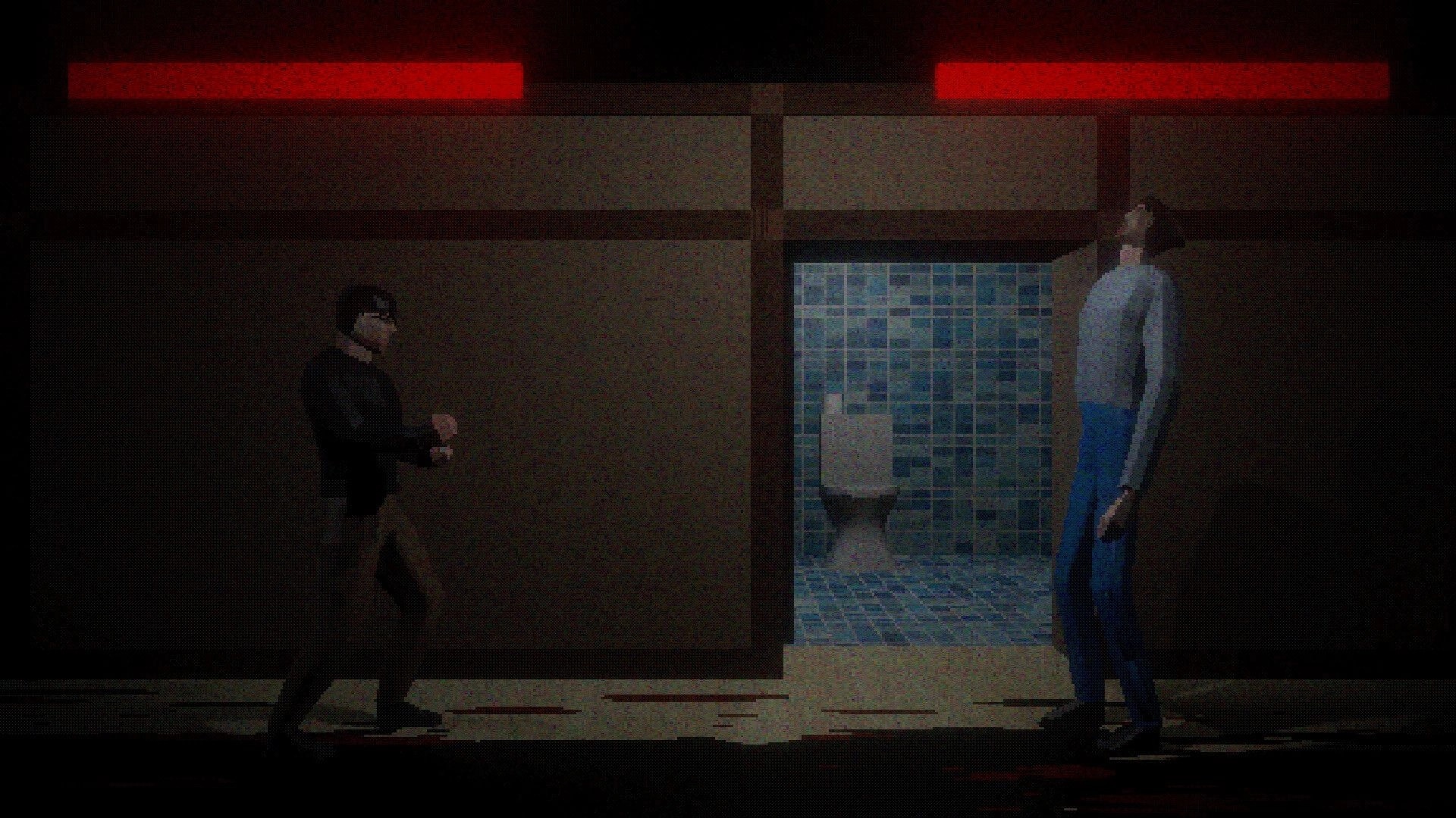 Nemunai: Kaito confronts a tall figure in a dim hallway, with a bathroom visible in the background.