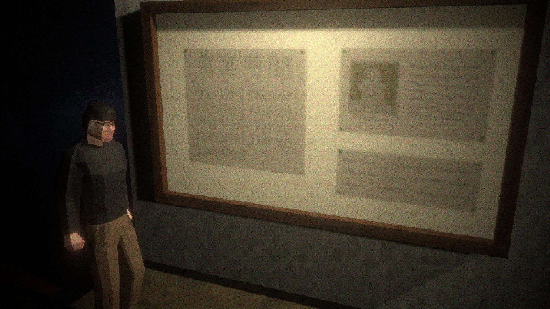 Nemunai: Kaito examines a bulletin board with blurry documents in a dimly lit hallway.