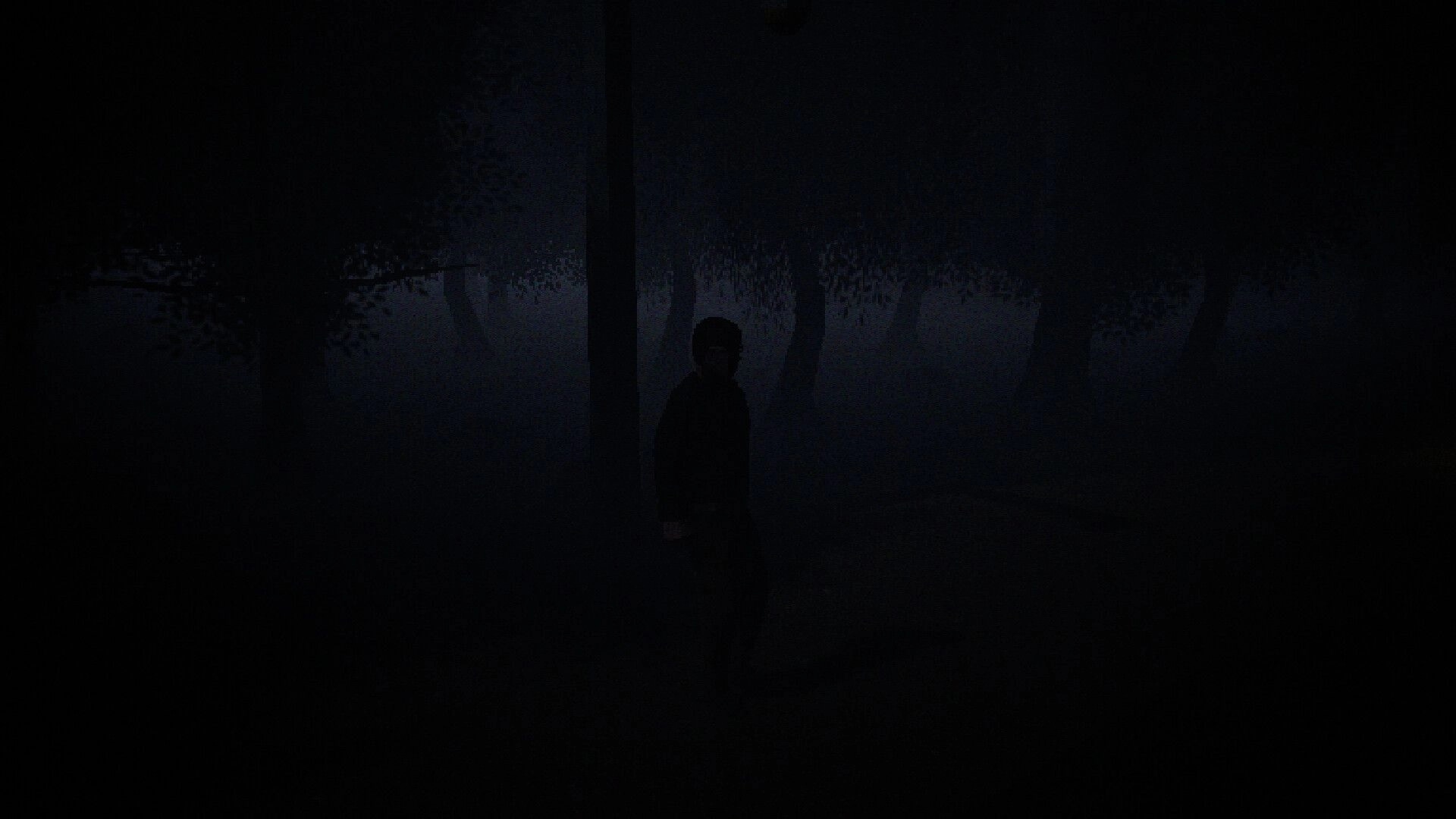 Nemunai: Kaito explores a shadowy forest at night, surrounded by dense trees in eerie darkness.