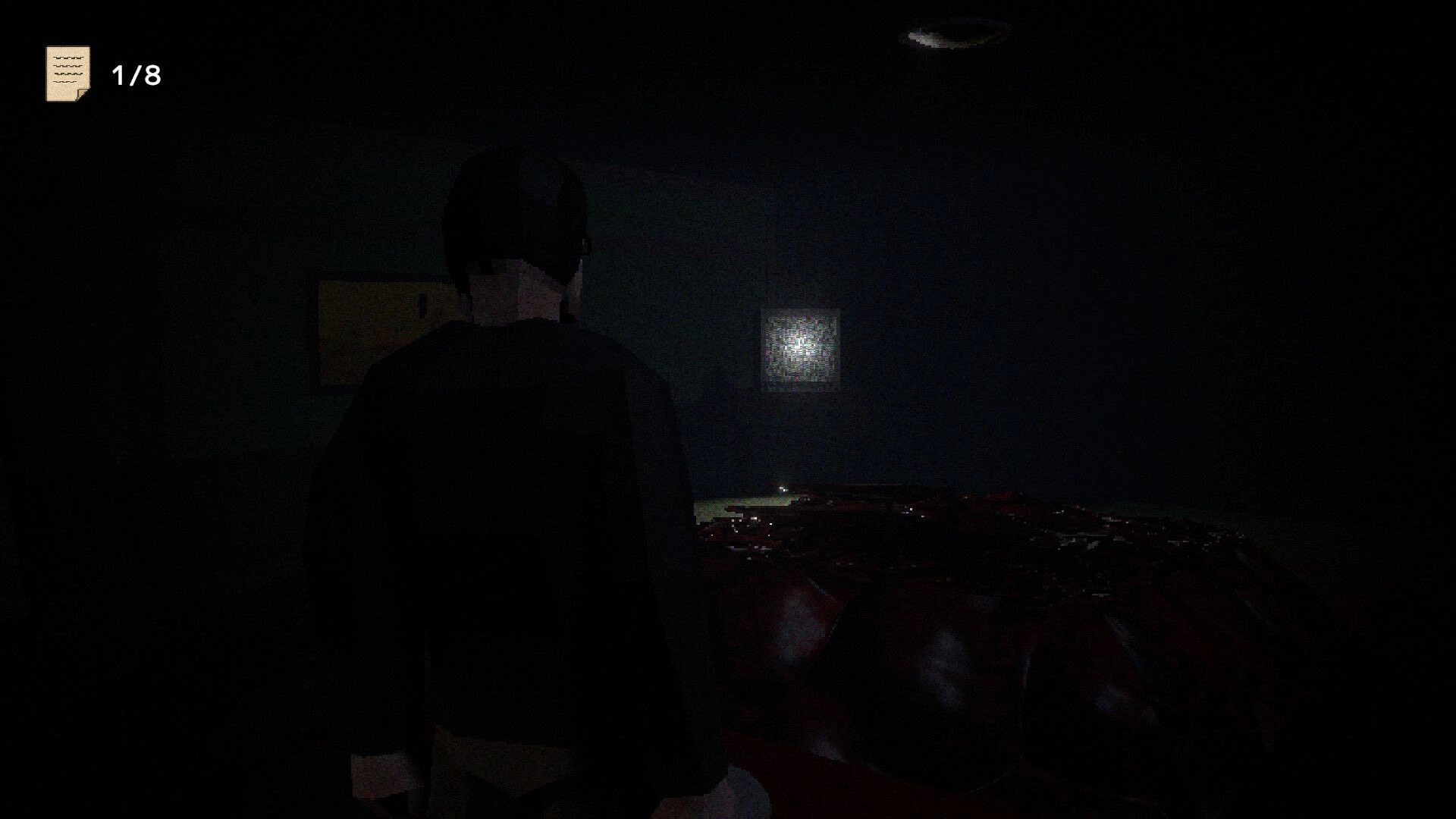 Nemunai: Kaito stands in a dark room, near a bloody mass, with a document counter showing 1/8.
