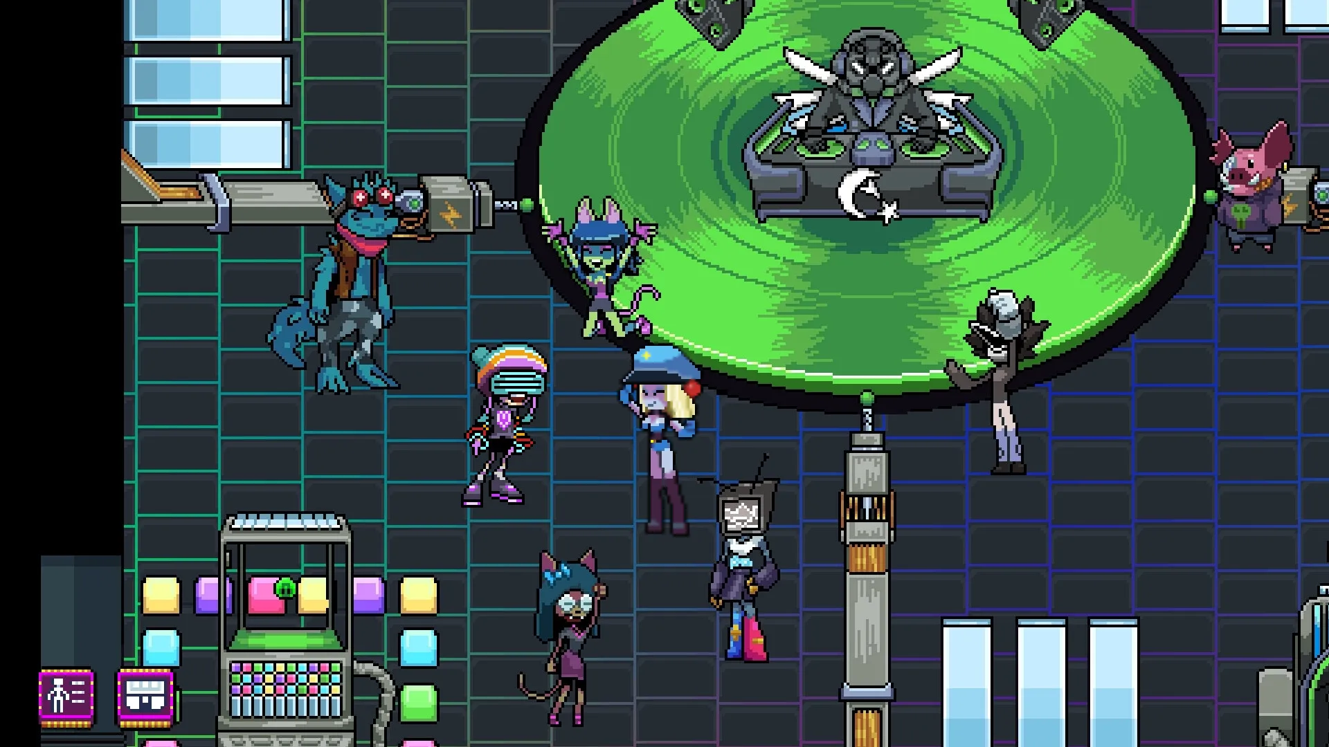 Neo Junk City: Characters dancing around a large green DJ booth in a futuristic tech-themed room