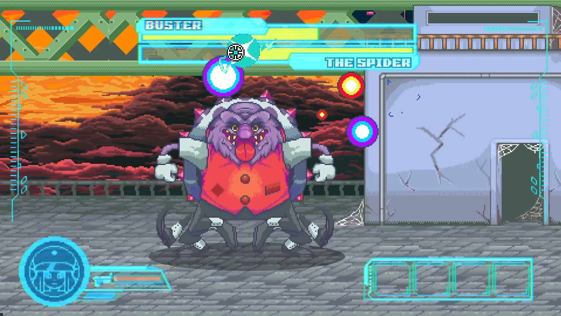 Neo Junk City: Boss fight against The Spider with health bars and character HUD in sunset backdrop