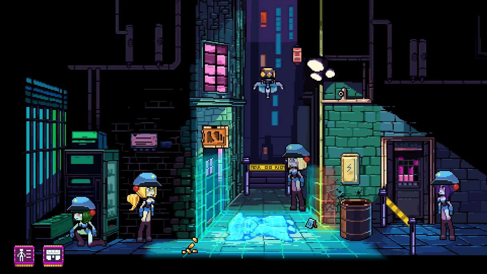 Neo Junk City: Police investigating holographic crime scene in neon-lit alleyway