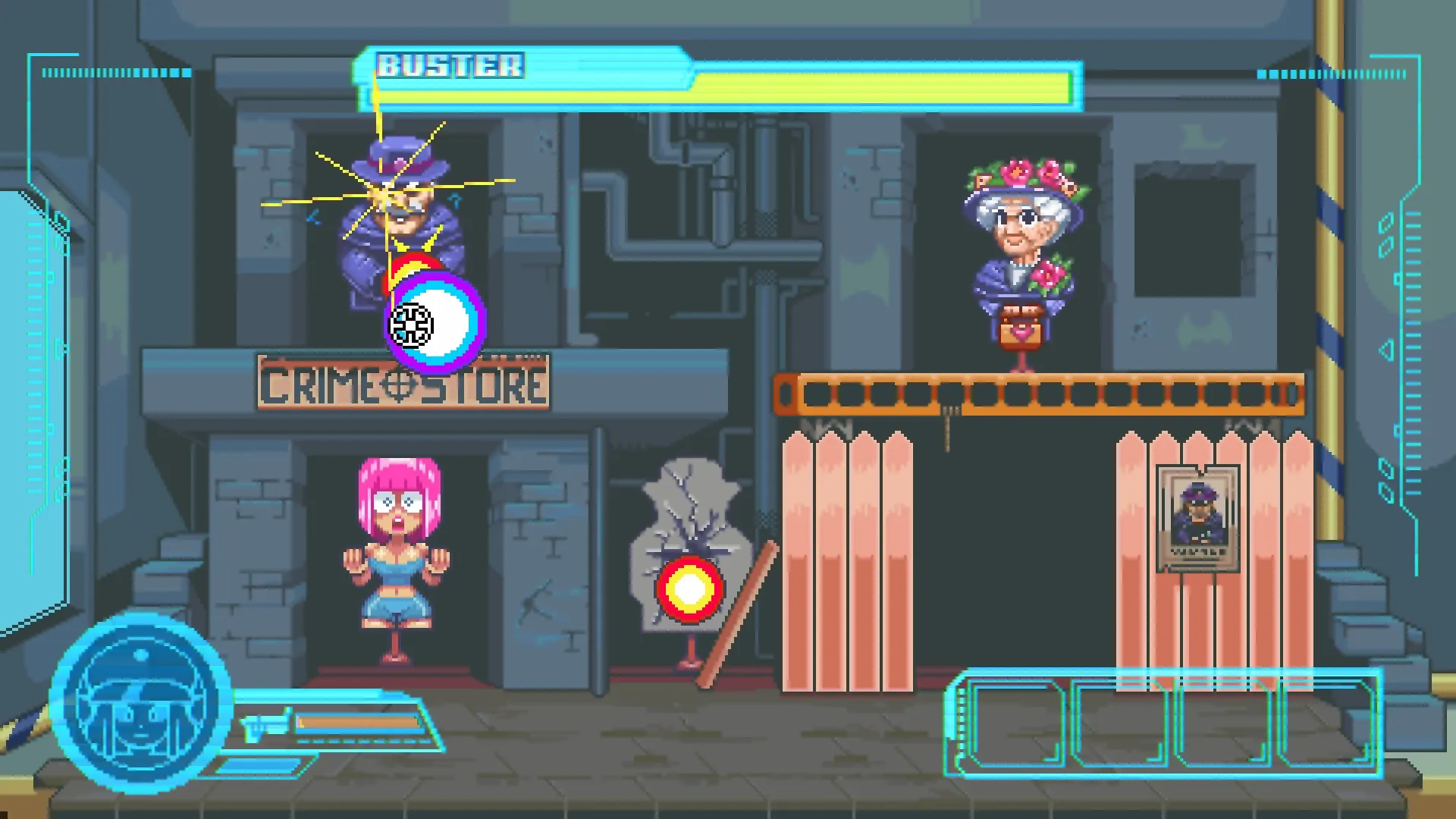 Neo Junk City: Character Buster shooting at enemy in front of Crime Store with bright neon UI elements