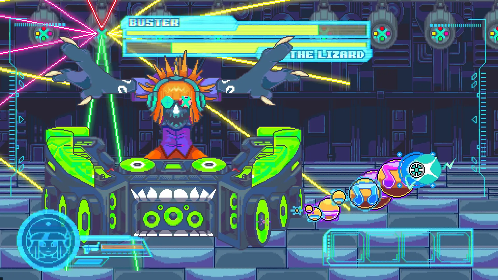 Neo Junk City: DJ battle with neon lights and character Buster controlling a futuristic mixing deck
