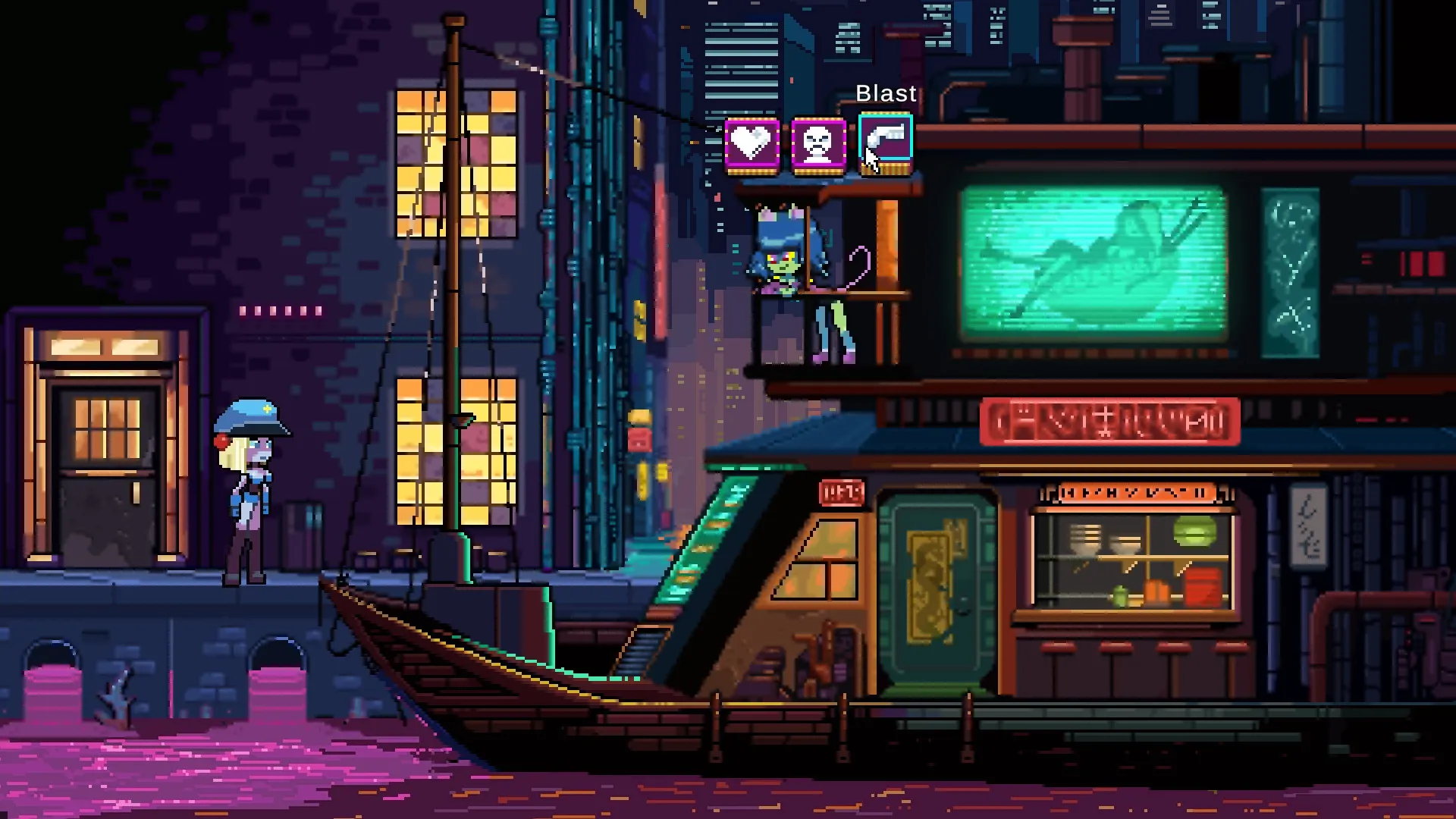 Neo Junk City: Character on dock facing a neon-lit boat with rooftop creature in cyberpunk cityscape