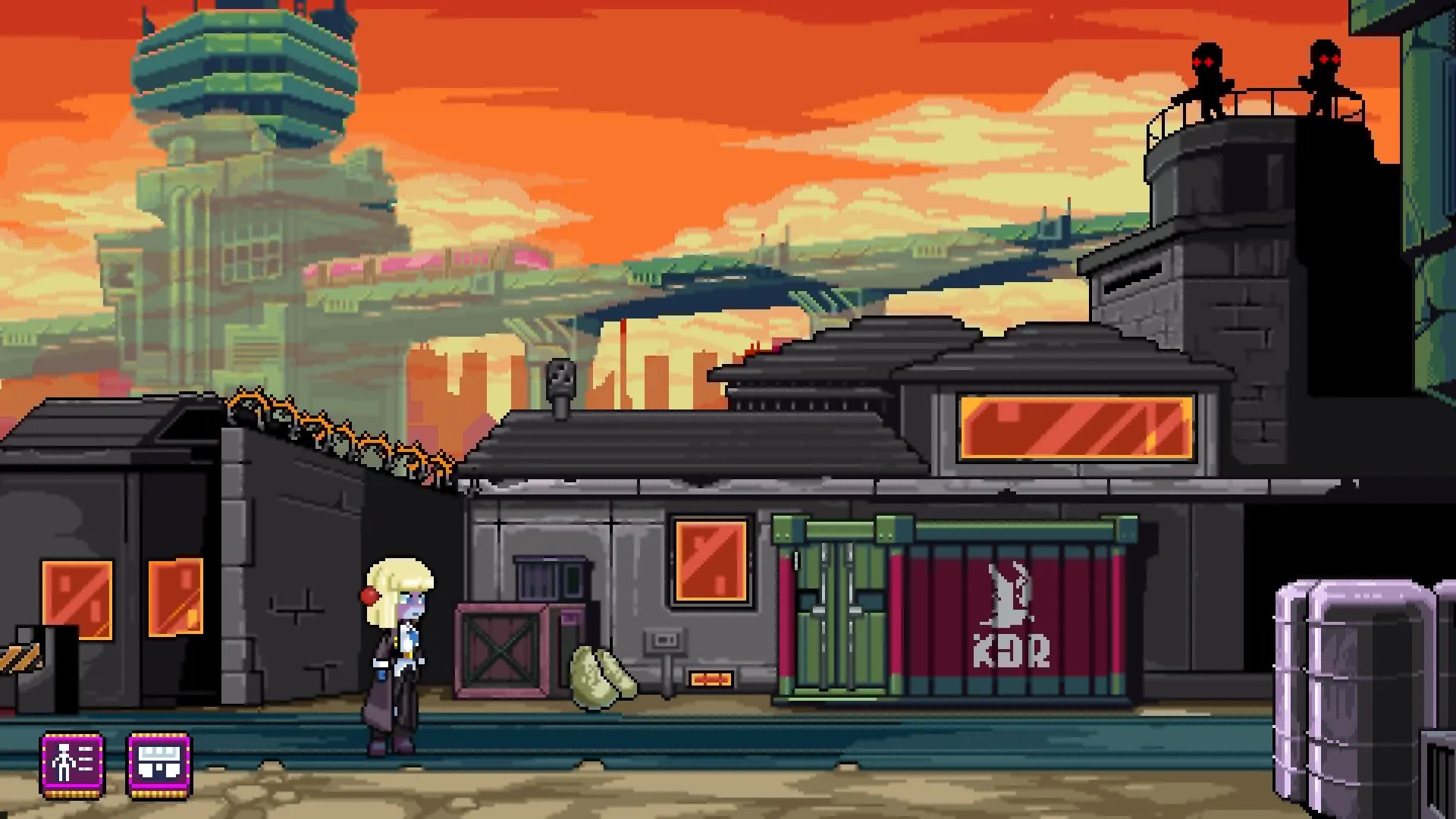 Neo Junk City: Character walking past industrial buildings under an orange sky with UI icons visible