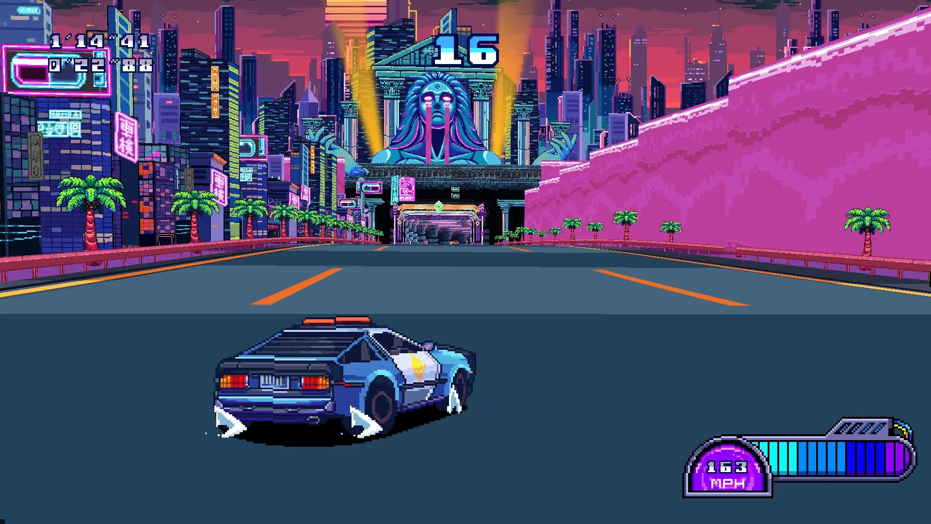 Neo Junk City: Retro arcade racing through neon-lit cityscape with speedometer showing 163 MPH