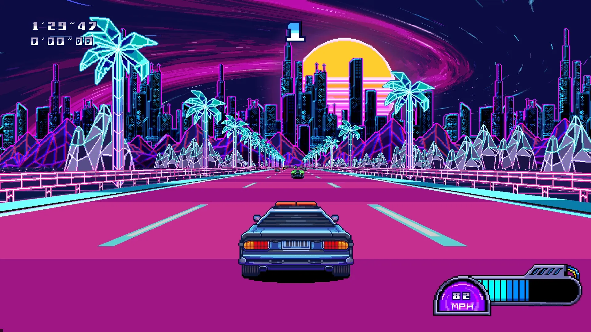 Neo Junk City: Retro arcade racing on neon highway with futuristic skyline and glowing palm trees