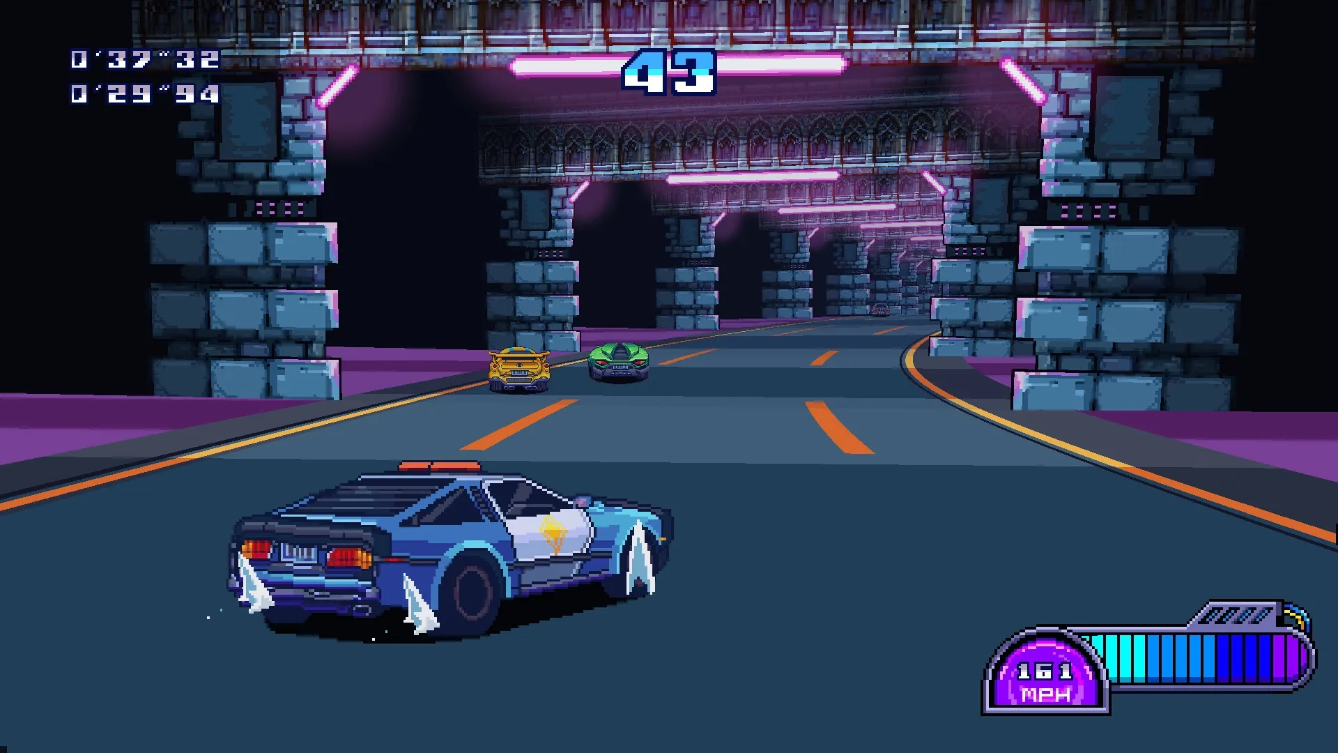 Neo Junk City: High-speed police chase in neon-lit tunnel with retro cars and speedometer UI