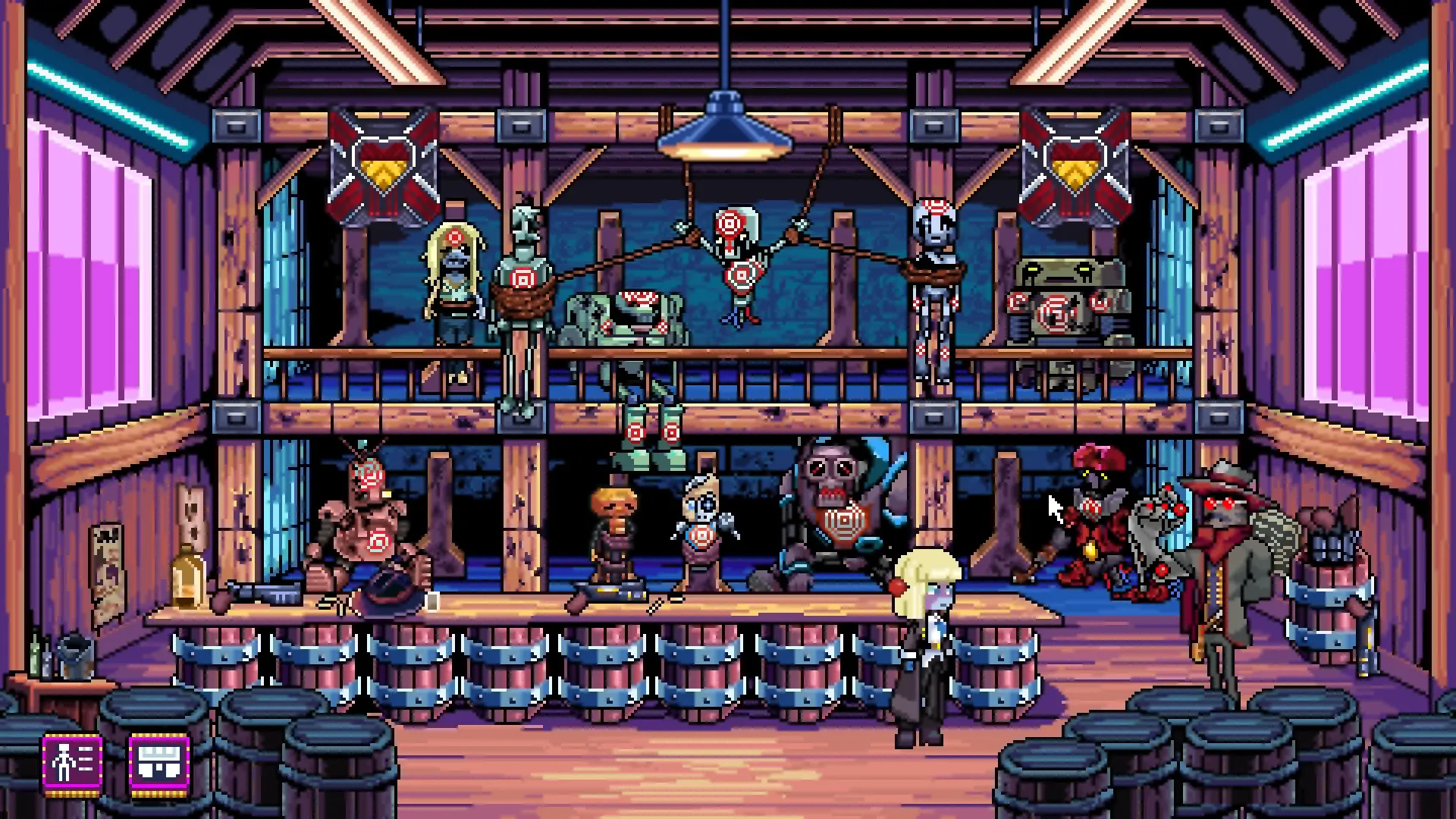 Neo Junk City: Character in a shooting gallery surrounded by target dummies in a wooden arcade setting.
