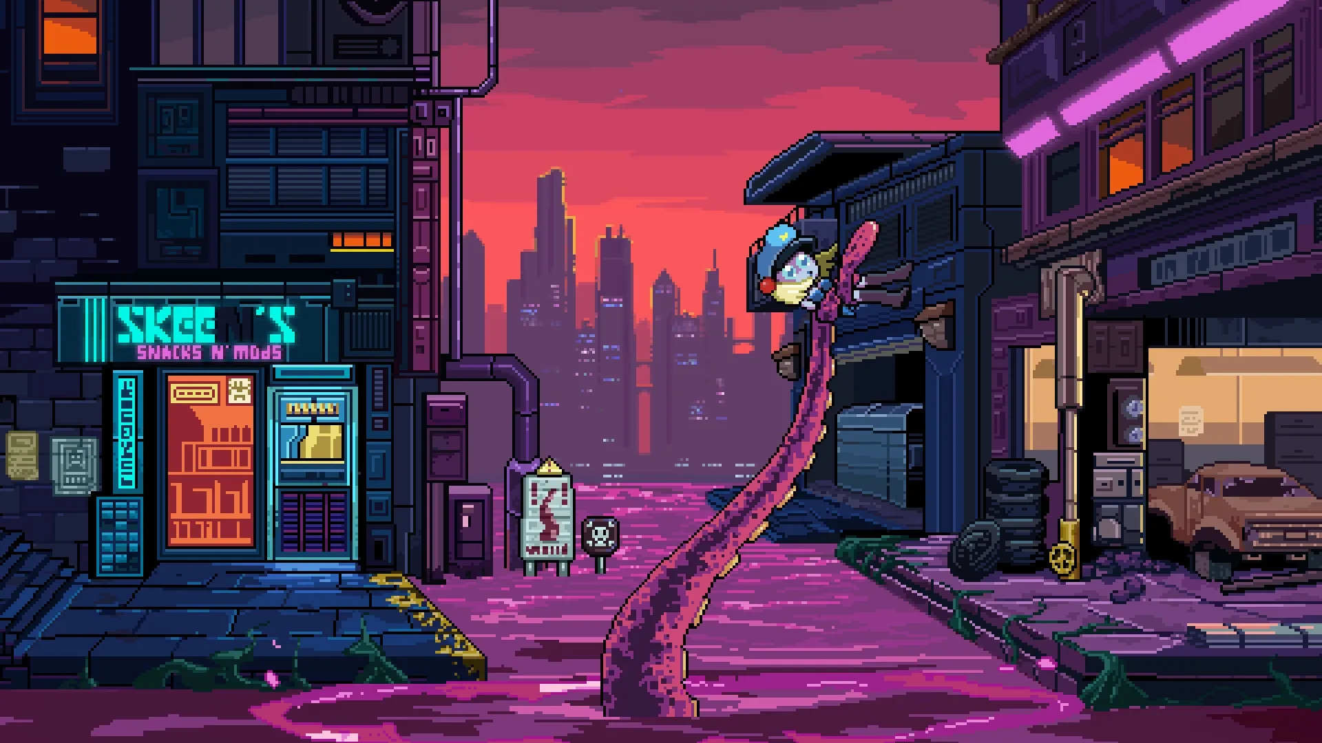 Neo Junk City: Character climbs tentacle in a neon-lit street with pink water and distant skyline
