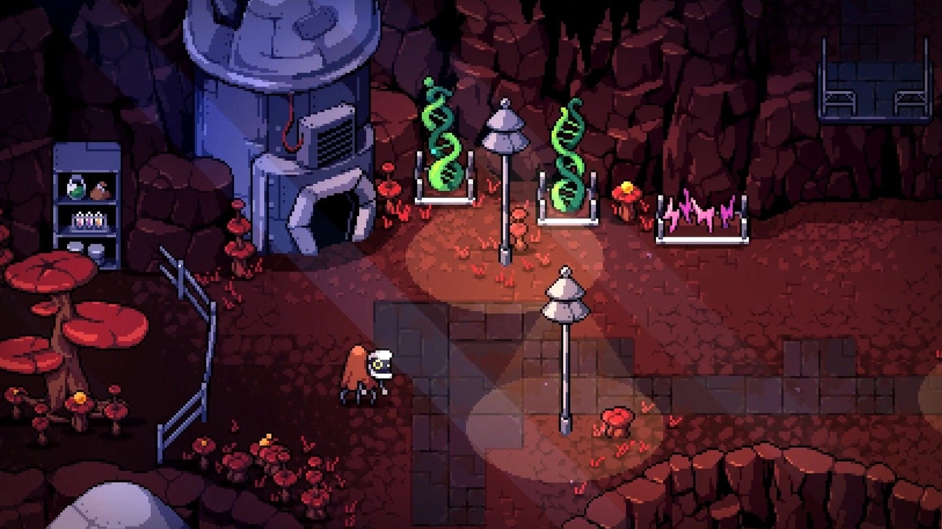 NEO TITAN: Player explores a cave lab with DNA plant tanks, fungus beds, and lamplit walkway.