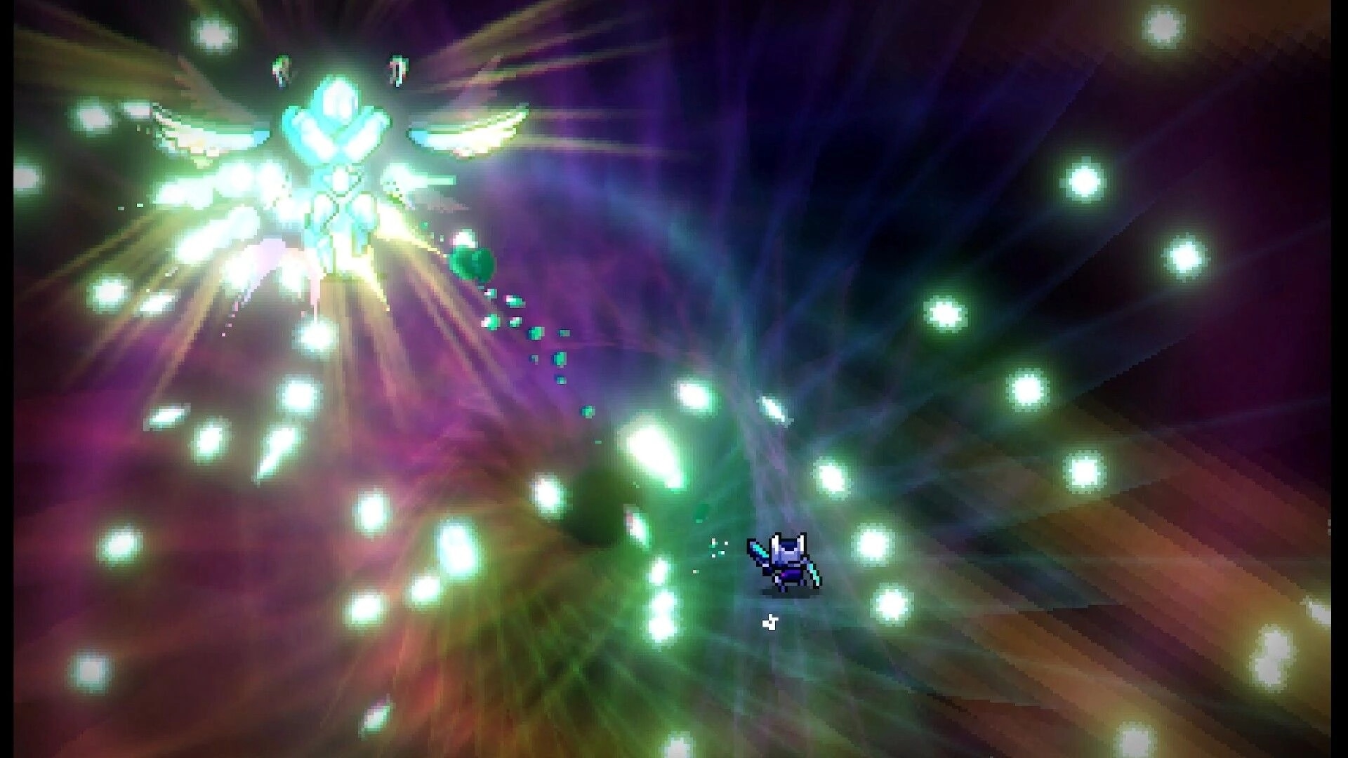 NEO TITAN: Small armored pilot dodges glowing bullets under a radiant winged boss in a cosmic void.